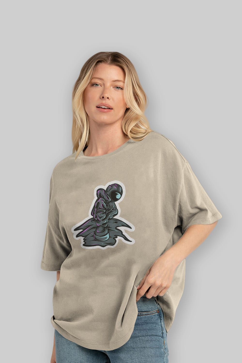 Stylish Astronaut Sticker Ön Baskılı Oversize t-shirt Erkek Kadın Unisex