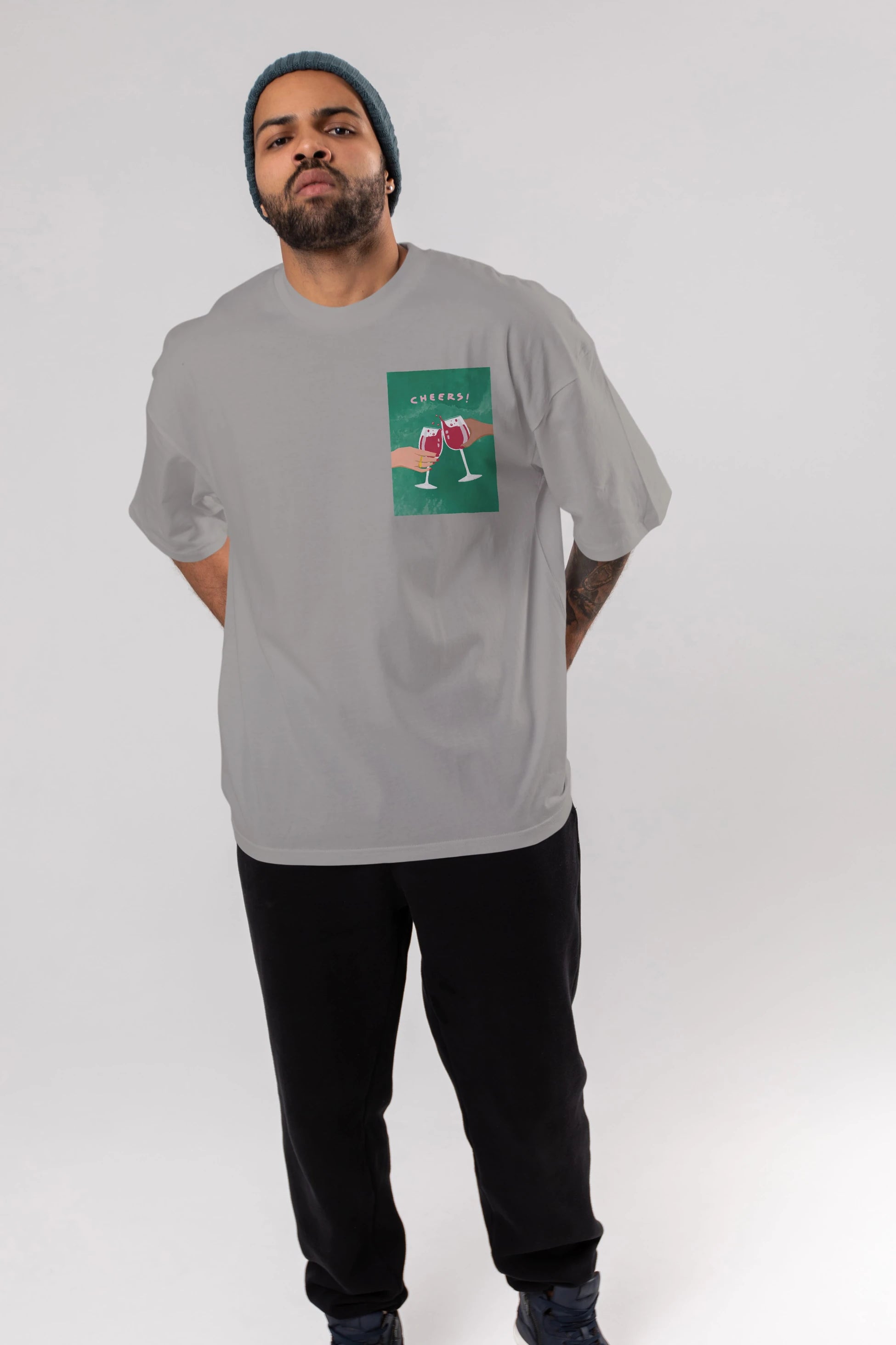 Cheers Ön Sol Baskılı Oversize t-shirt Erkek Kadın Unisex %100 Pamuk Bisiklet Yaka tişort