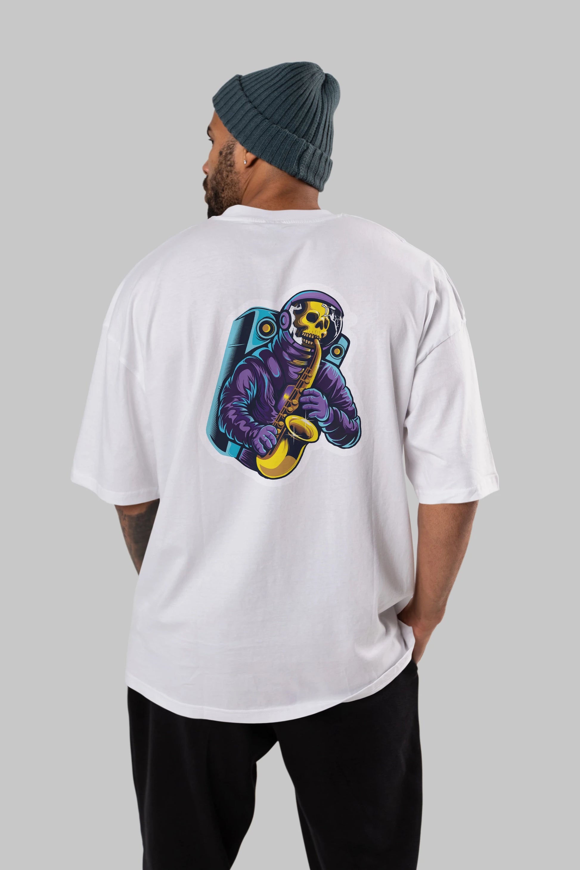 Astroskull Saxophonist Sticker Arka Baskılı Oversize t-shirt Erkek Kadın Unisex
