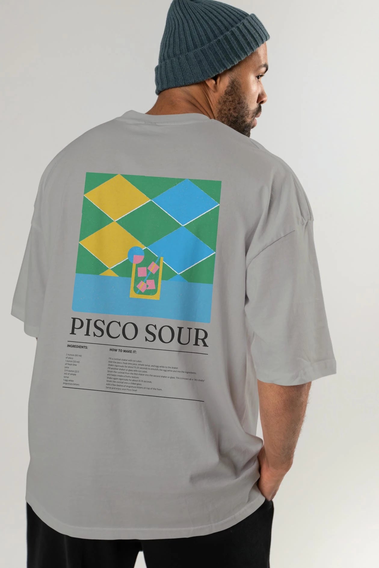 Pisco Sour Kokteyl Serisi Arka Baskılı Oversize t-shirt Erkek Kadın %100 Pamuk Bisiklet Yaka tişort