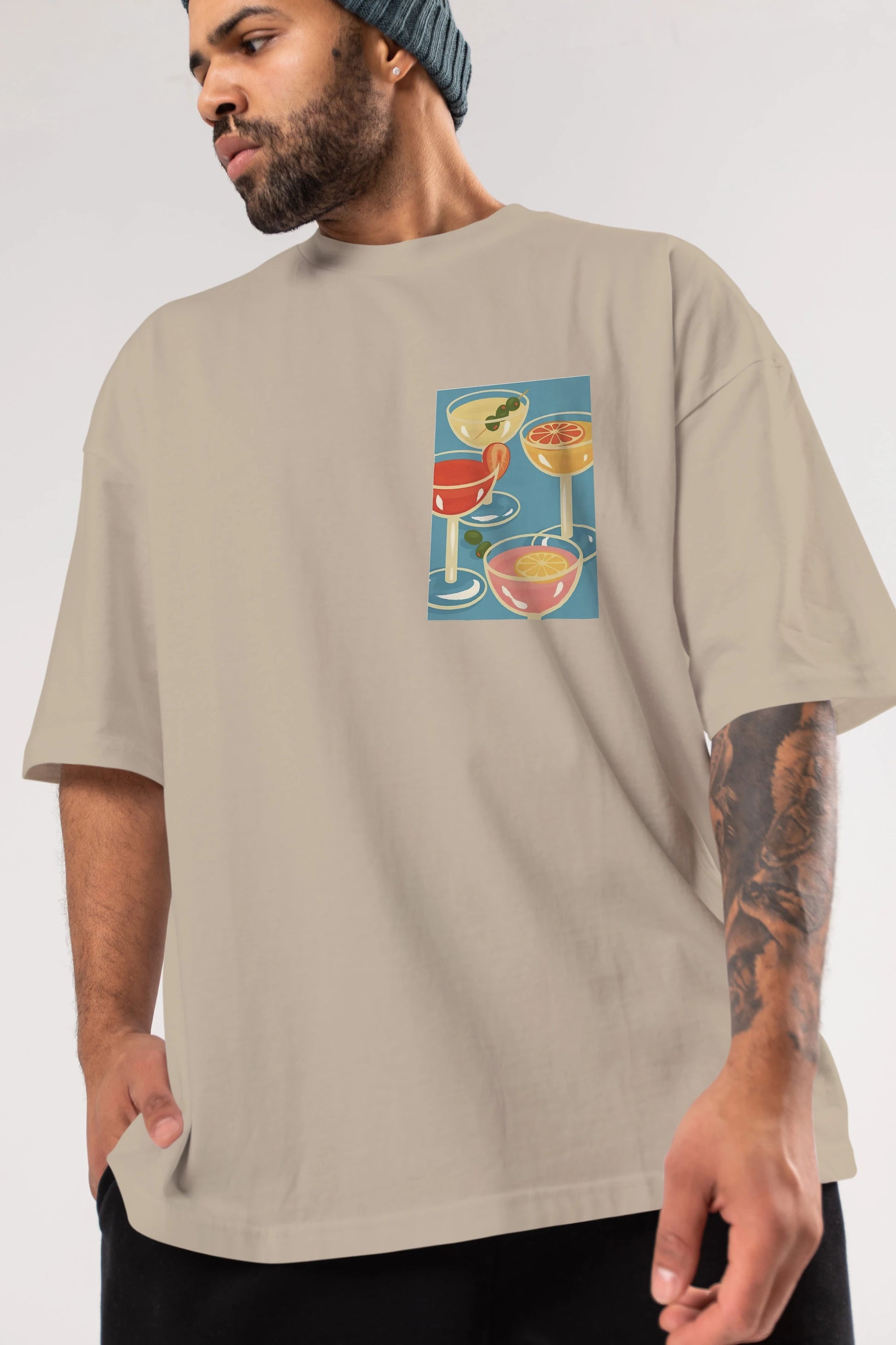 Cocktails Ön Sol Baskılı Oversize t-shirt Erkek Kadın Unisex %100 Pamuk Bisiklet Yaka tişort