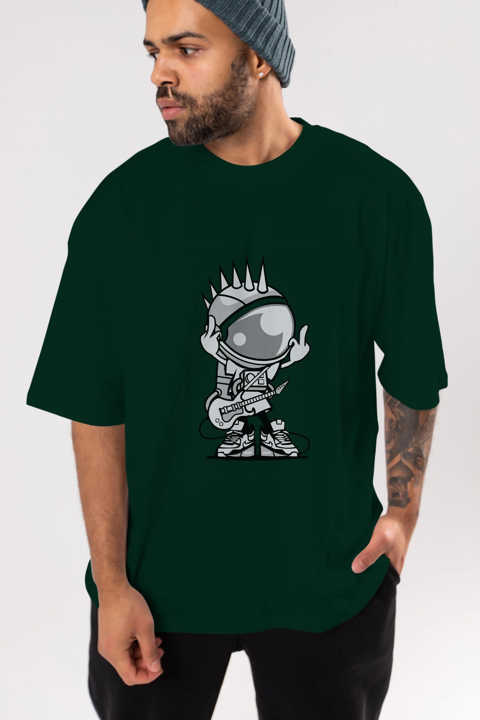 Astronaut Punk Rock Ön Baskılı Oversize t-shirt Erkek Kadın Unisex %100 Pamuk tişort