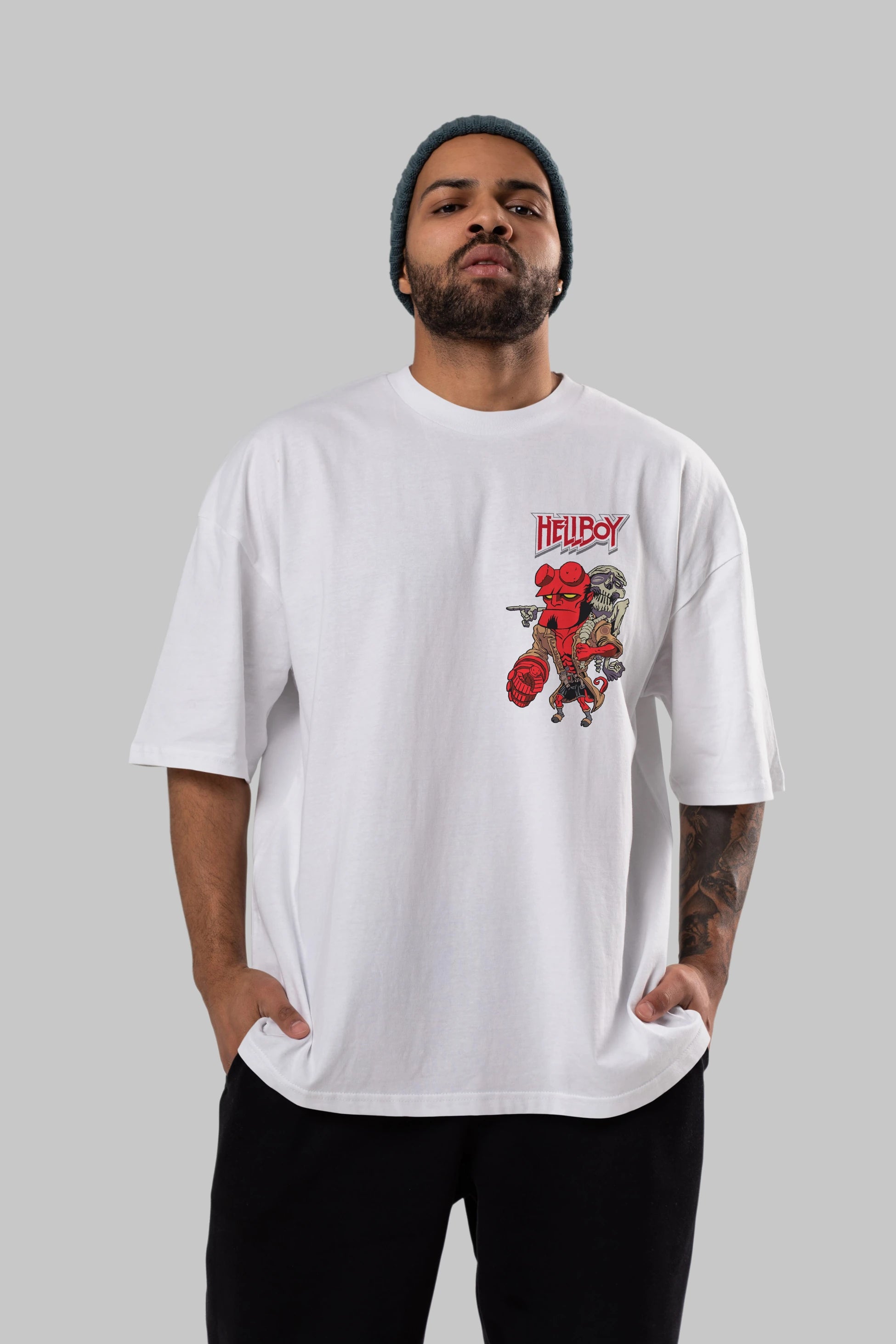 Hellboy (2) Ön Sol Baskılı Oversize t-shirt Erkek Kadın Unisex %100 Pamuk Bisiklet Yaka tişort
