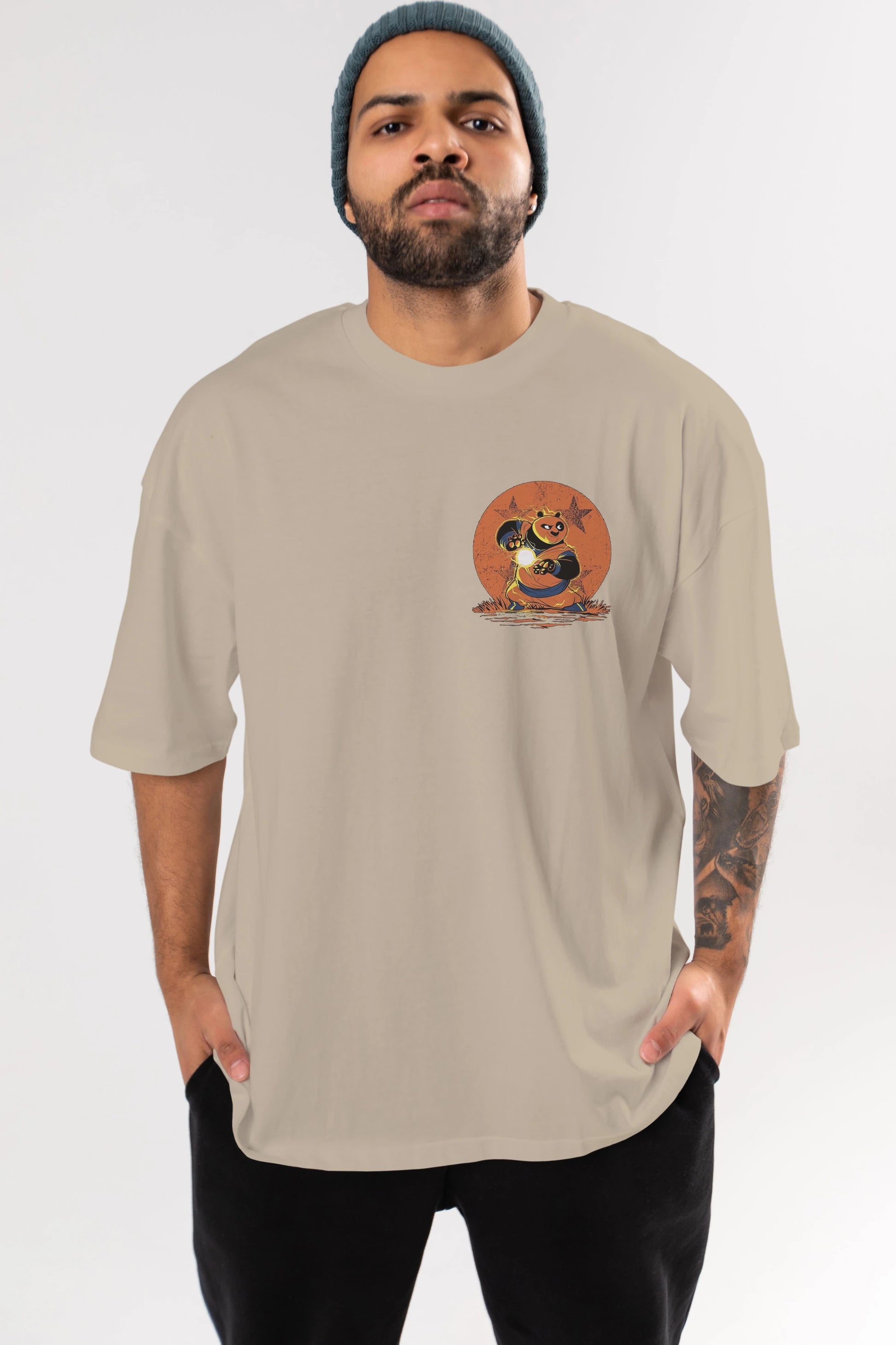 Kung Fu Panda Ön Sol Baskılı Oversize t-shirt Erkek Kadın Unisex %100 Pamuk Bisiklet Yaka tişort