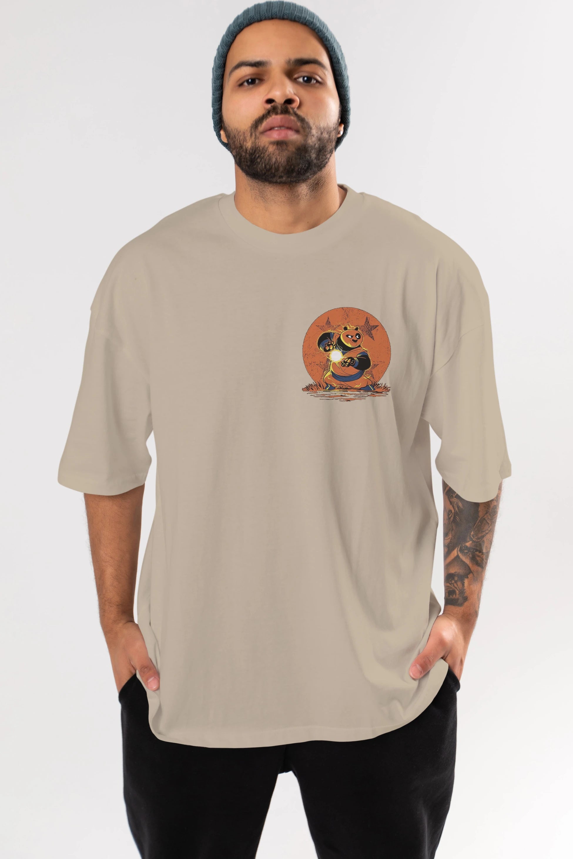 Kung Fu Panda Ön Sol Baskılı Oversize t-shirt Erkek Kadın Unisex %100 Pamuk Bisiklet Yaka tişort