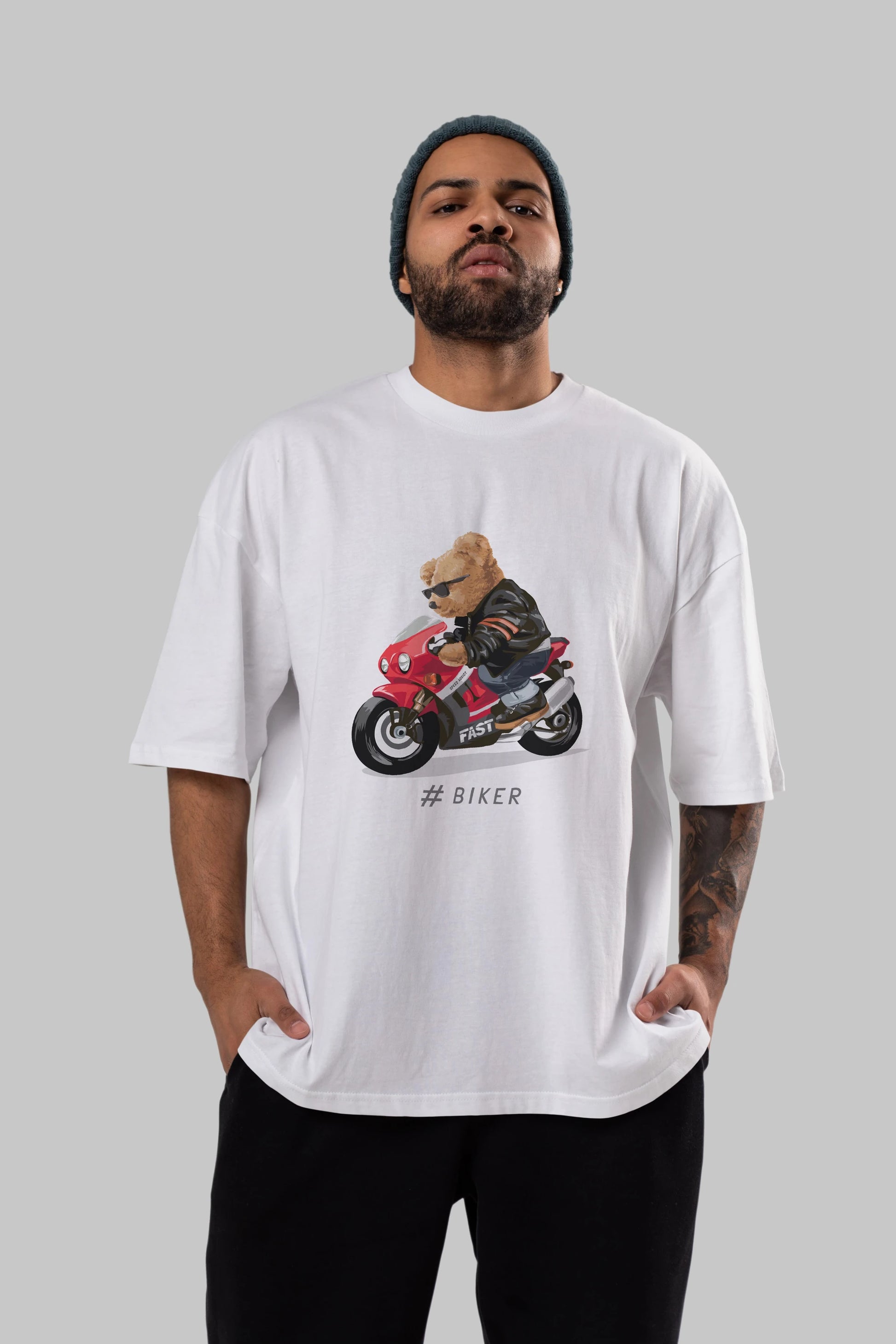 Teddy Bear Biker Ön Baskılı Oversize t-shirt Erkek Kadın Unisex %100 Pamuk