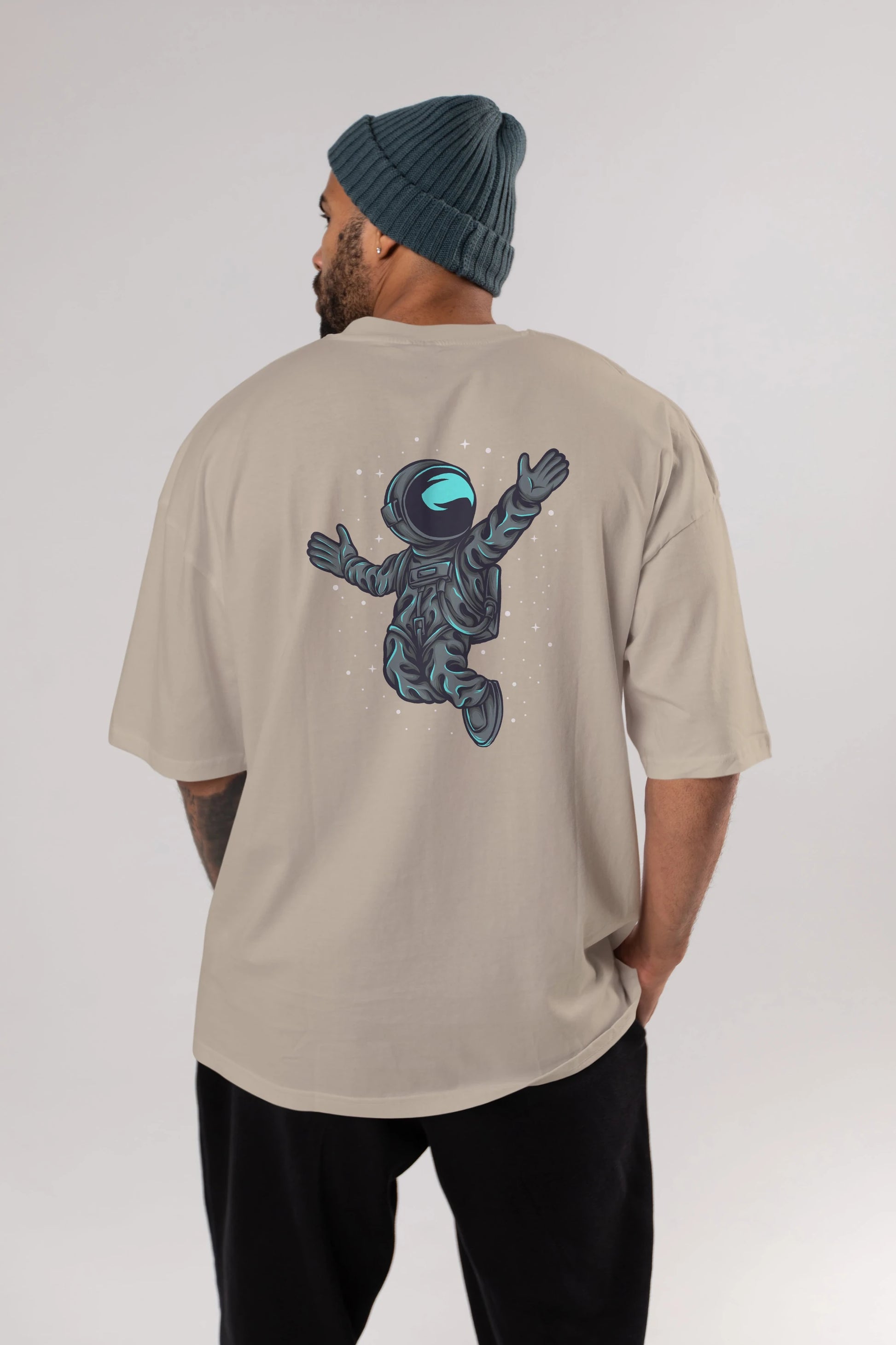 Happy Astronaut Arka Baskılı Oversize t-shirt Erkek Kadın Unisex