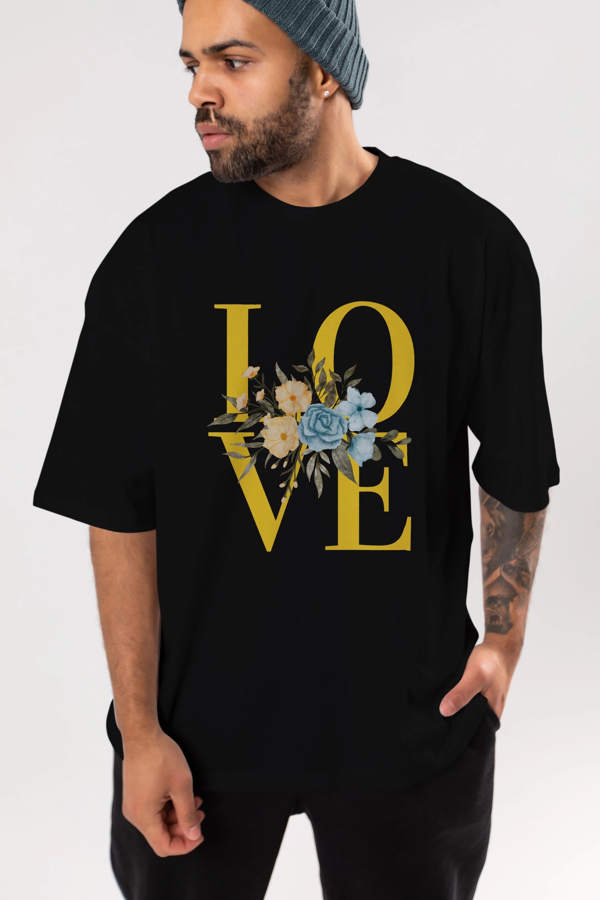 Love Flower Ön Baskılı Oversize t-shirt Erkek Kadın Unisex