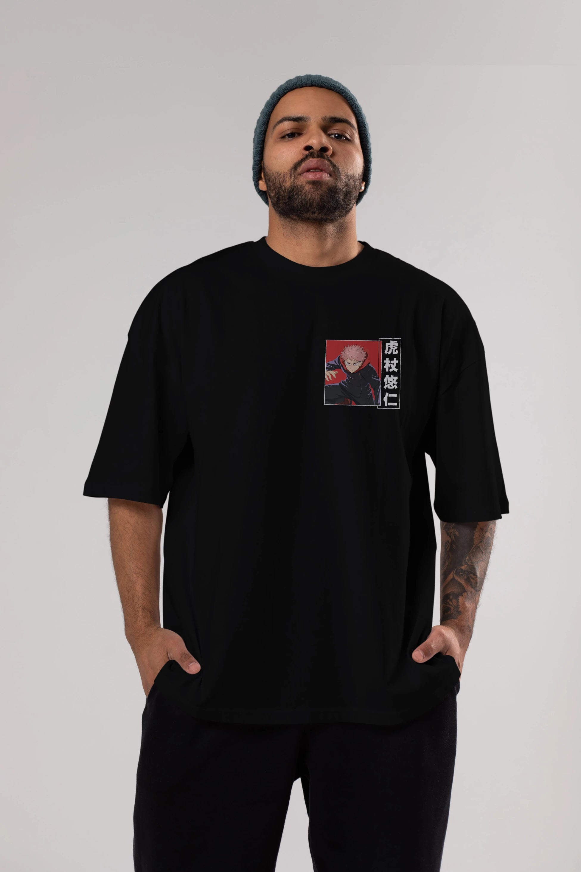 Yuuji Itadori 2 Ön Sol Baskılı Oversize t-shirt Erkek Kadın Unisex %100 Pamuk Bisiklet Yaka tişort