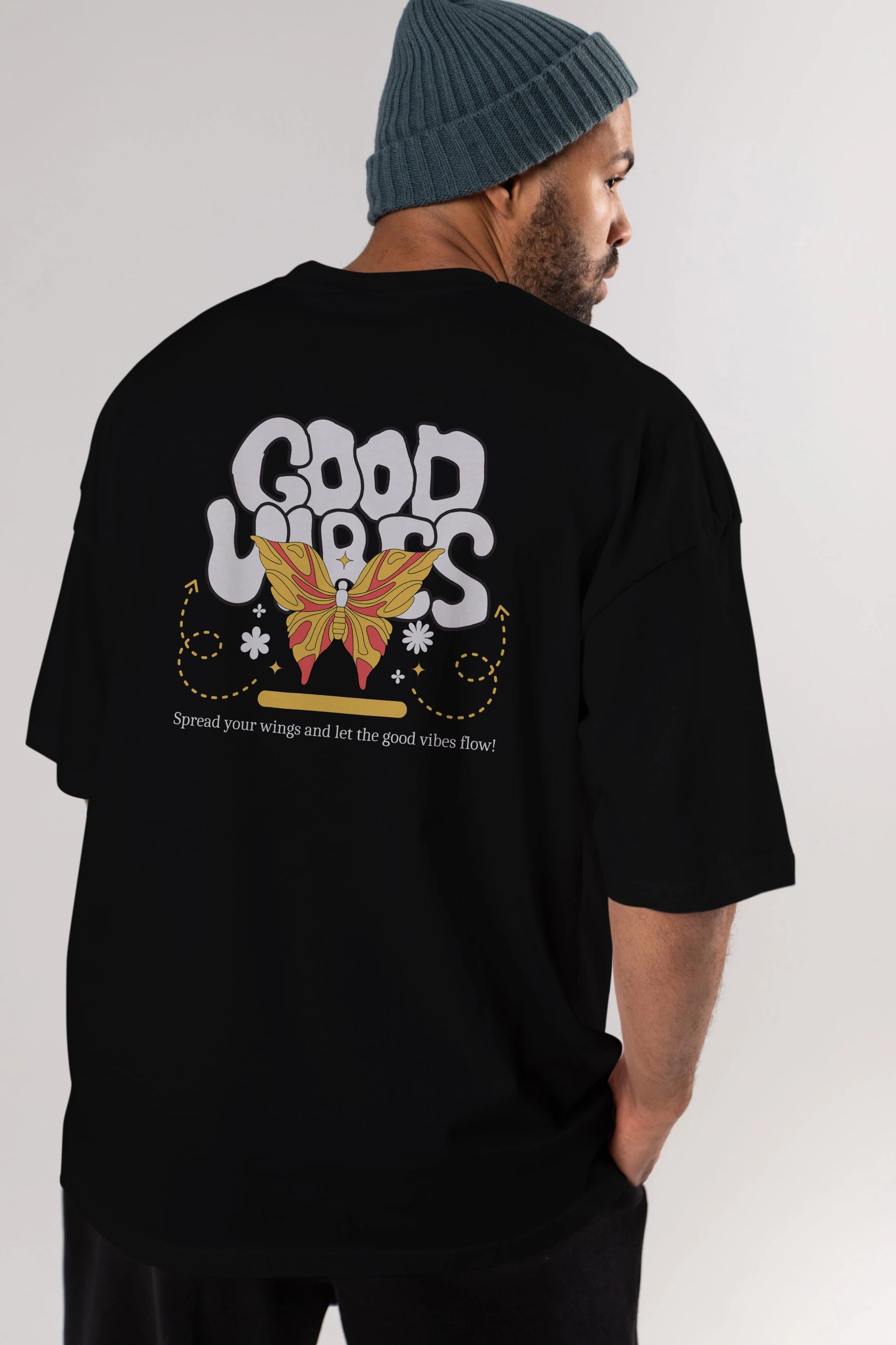 Good Vibes Yazılı 4 Arka Baskılı Oversize t-shirt Erkek Kadın Unisex