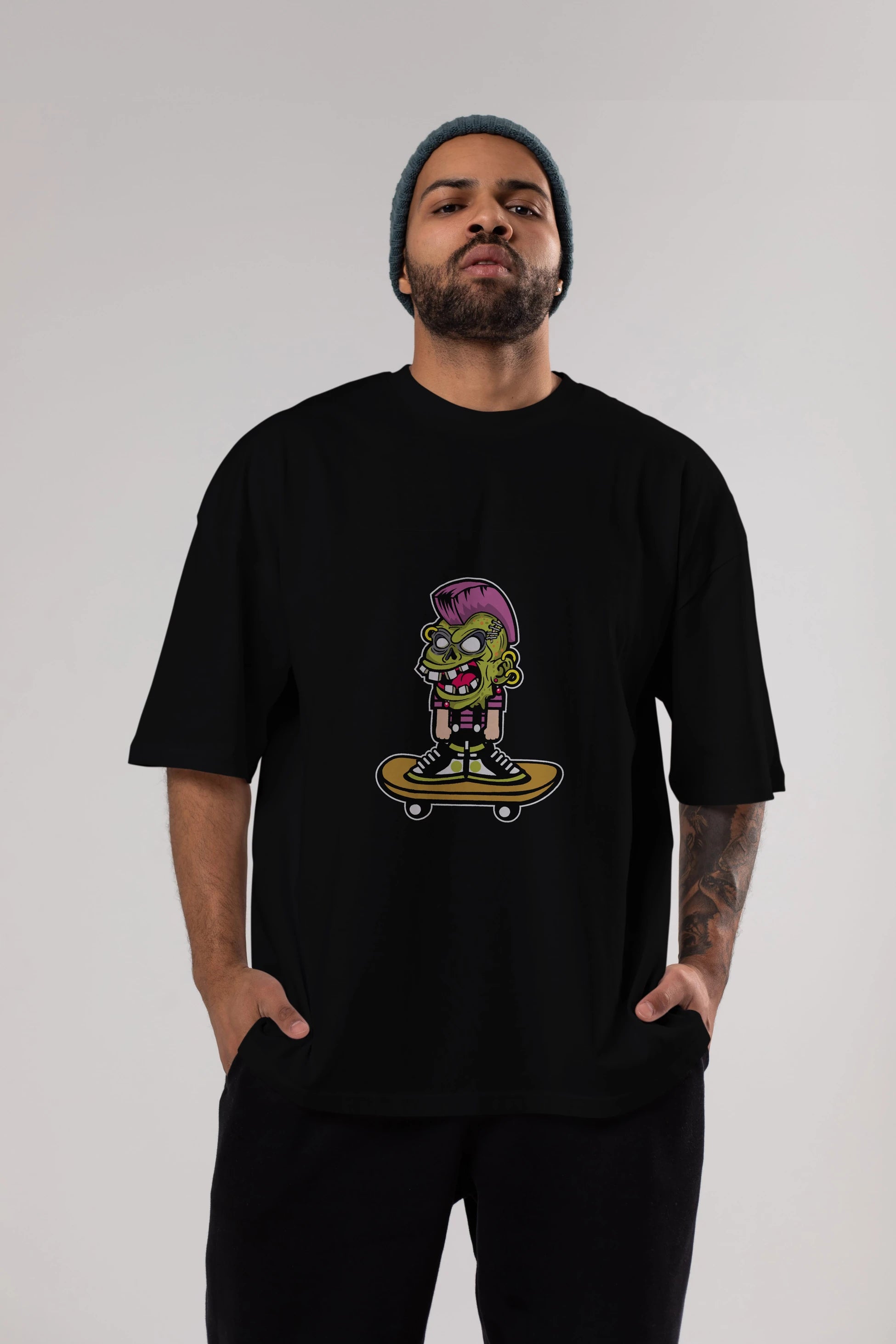 Zombie Punk Skater Ön Baskılı Oversize t-shirt Erkek Kadın Unisex %100 Pamuk tişort