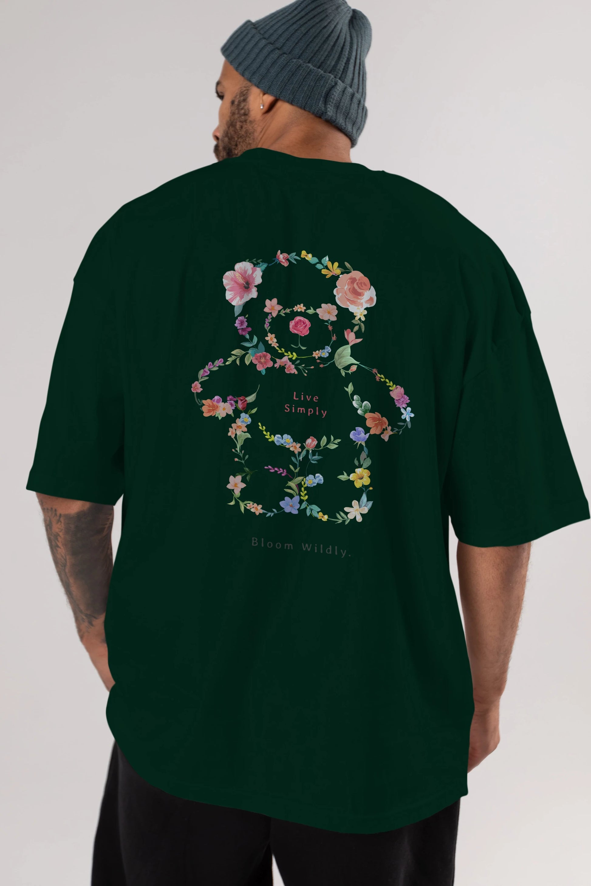 Teddy Bear Flowers Arka Baskılı Oversize t-shirt Erkek Kadın Unisex