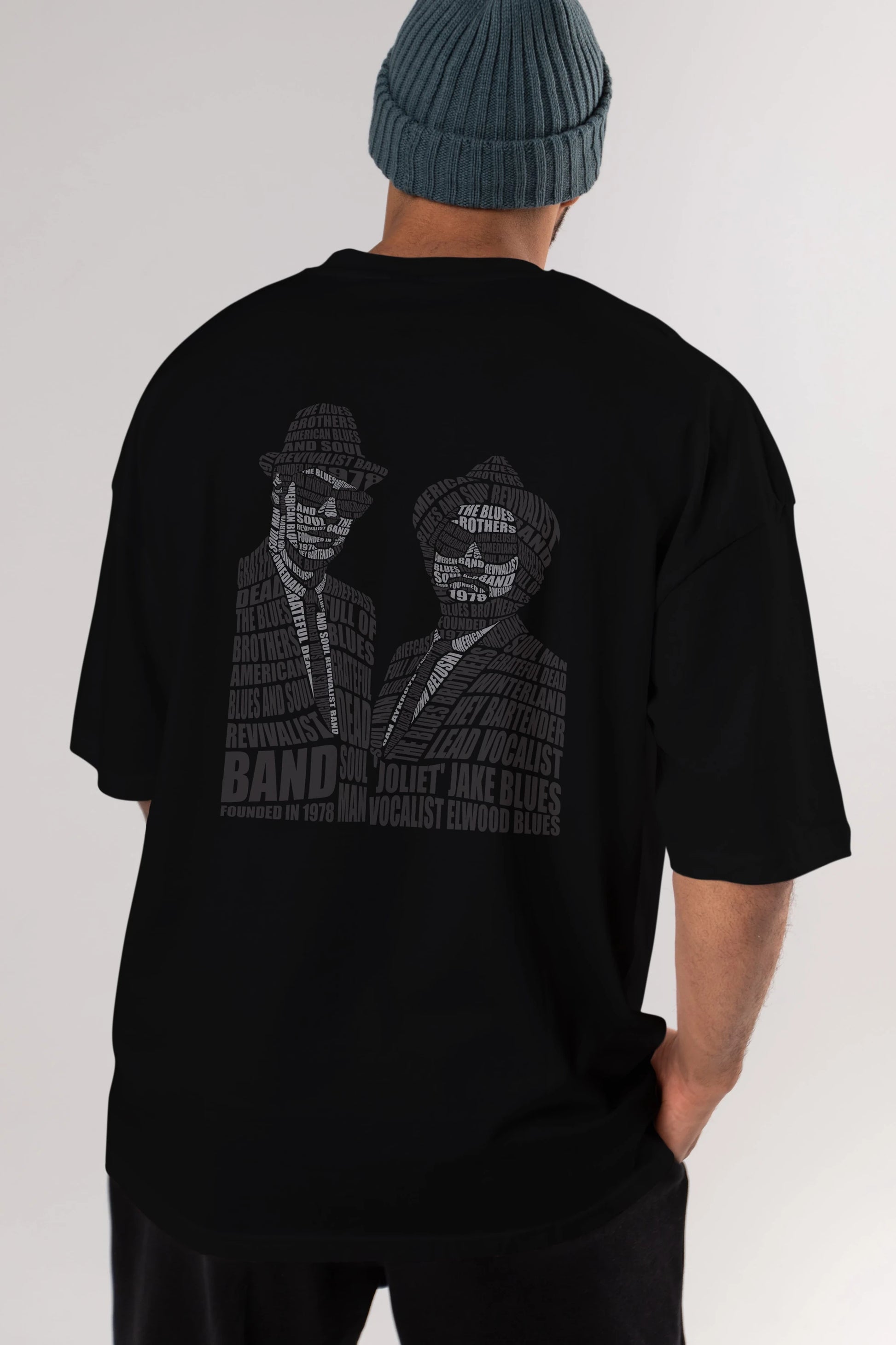 Blues Brothers Calligram Arka Baskılı Oversize t-shirt %100 pamuk Erkek Kadın Unisex