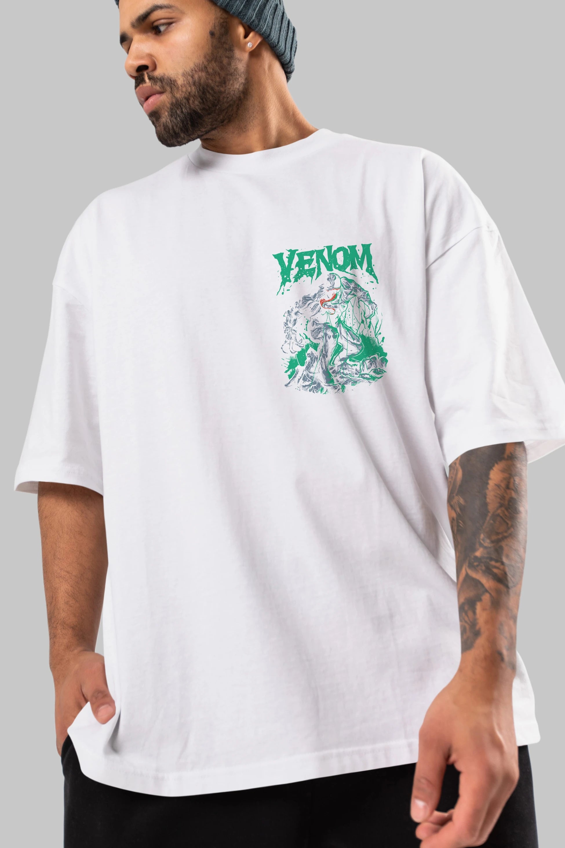 Venom (3) Ön Sol Baskılı Oversize t-shirt Erkek Kadın Unisex %100 Pamuk Bisiklet Yaka tişort