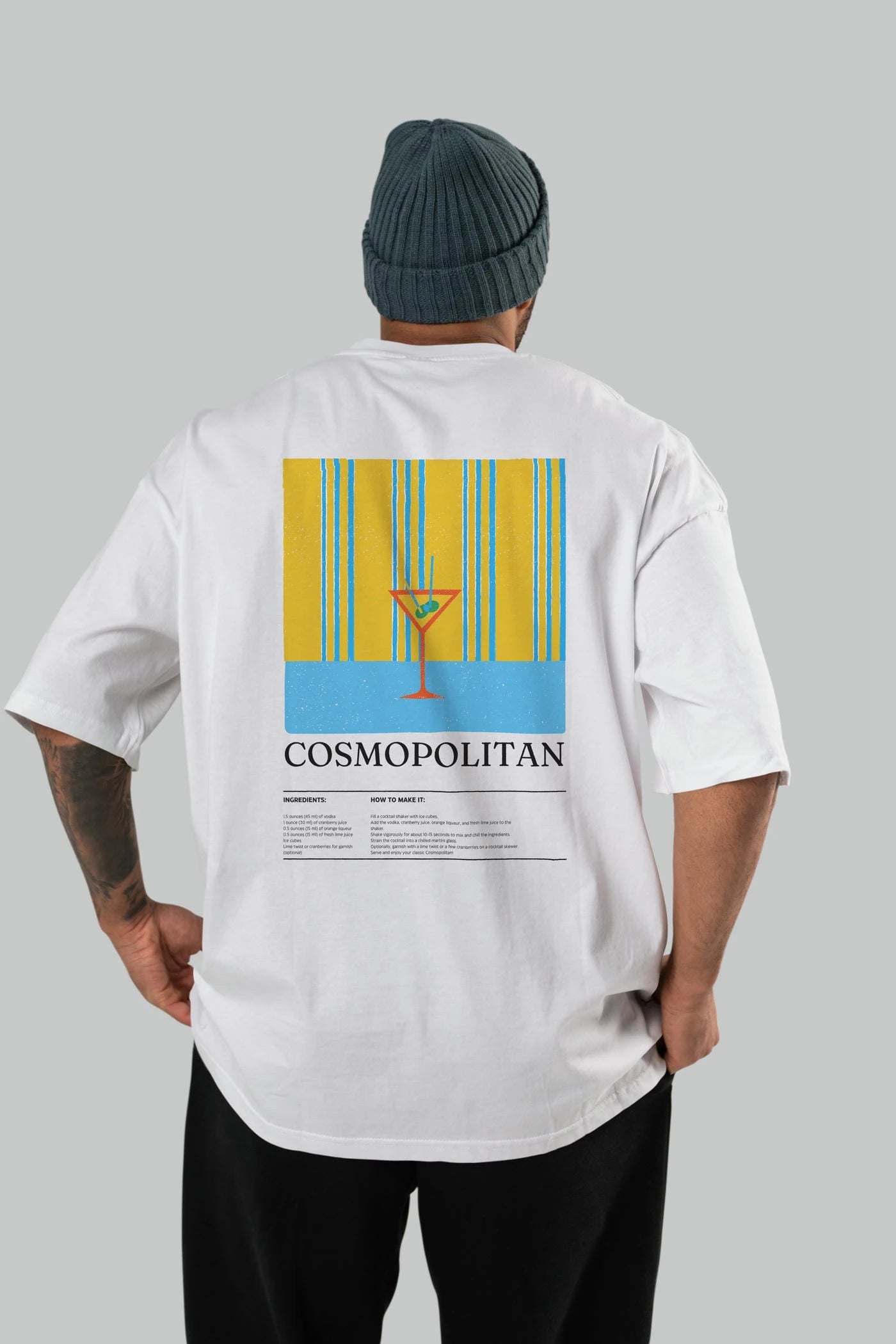 Cosmopolitan Kokteyl Serisi Arka Baskılı Oversize t-shirt Erkek Kadın %100 Pamuk Bisiklet Yaka tişort