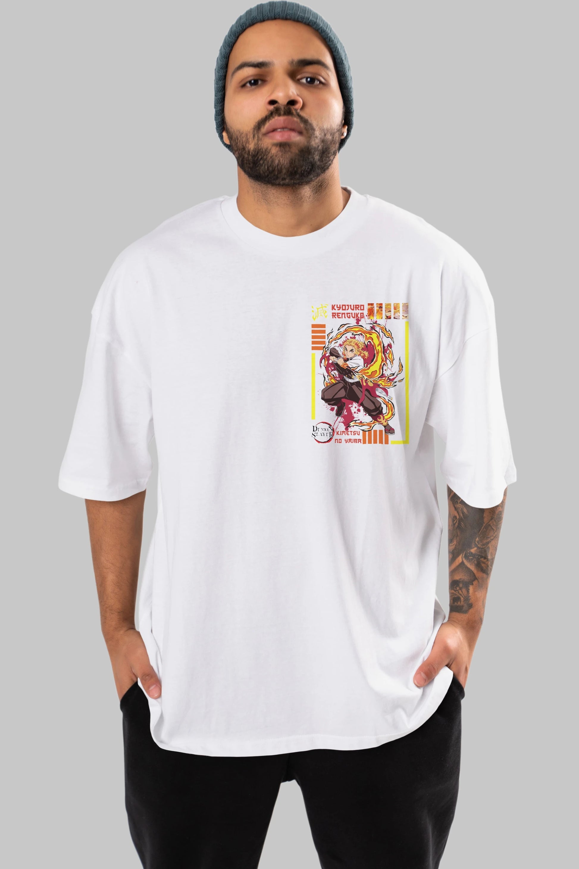 KYOJURO RENGOKU Ön Sol Baskılı Oversize t-shirt Erkek Kadın Unisex %100 Pamuk Bisiklet Yaka tişort