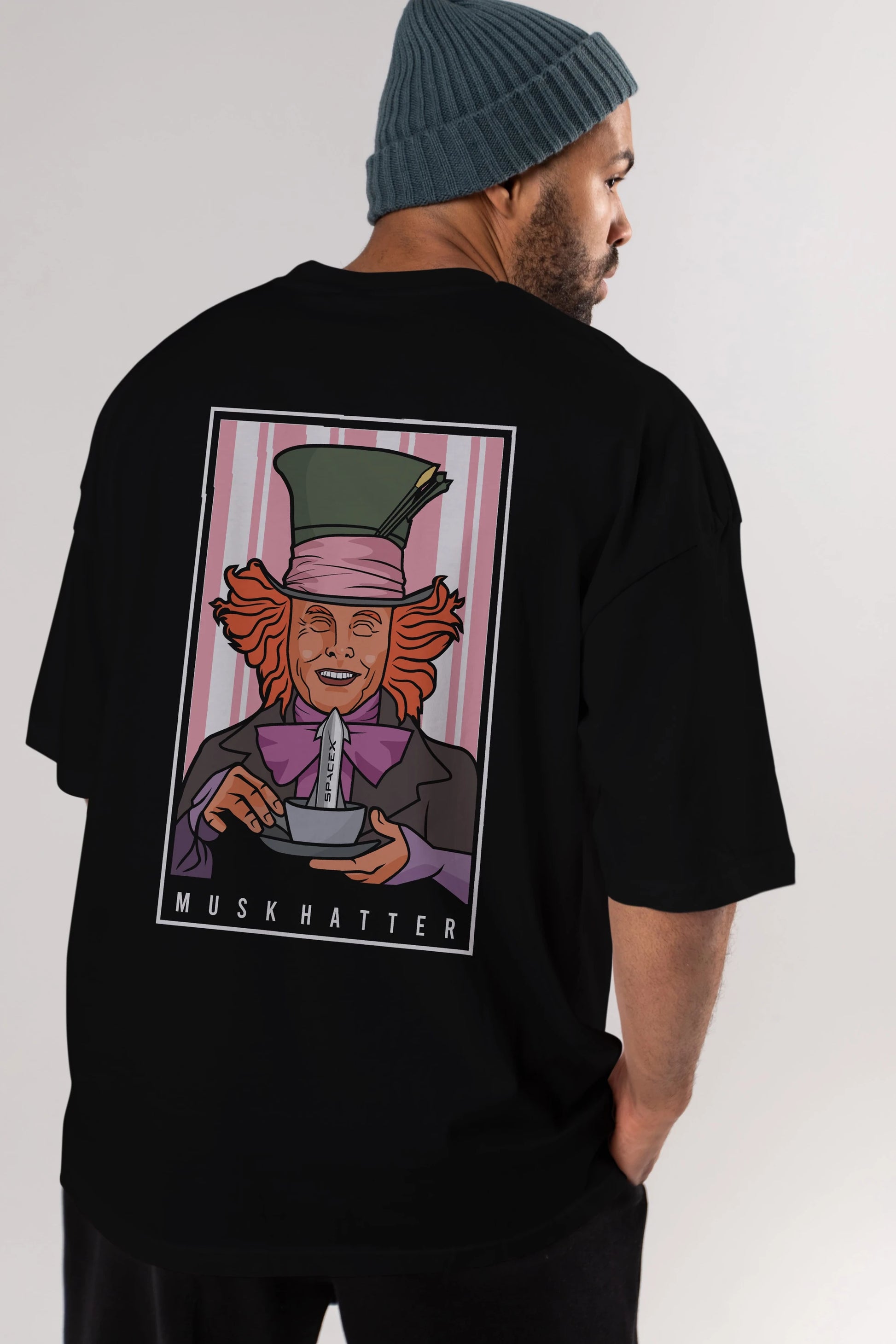 Mad Hatter Elon Musk Arka Baskılı Oversize t-shirt Erkek Kadın Unisex %100 Pamuk tişort