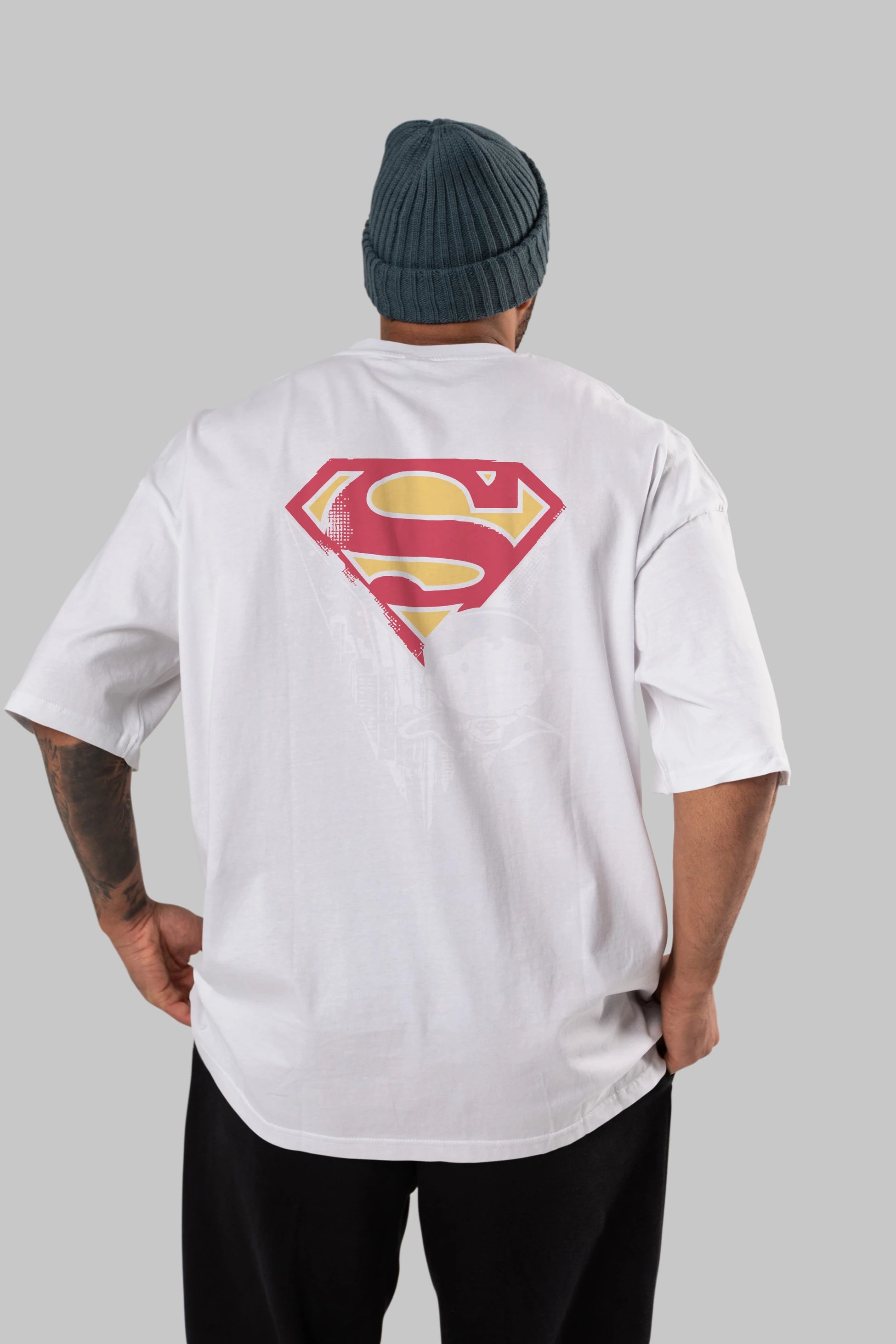 Superman Arka Baskılı Oversize t-shirt Erkek Kadın Unisex %100 Pamuk Bisiklet Yaka tişort