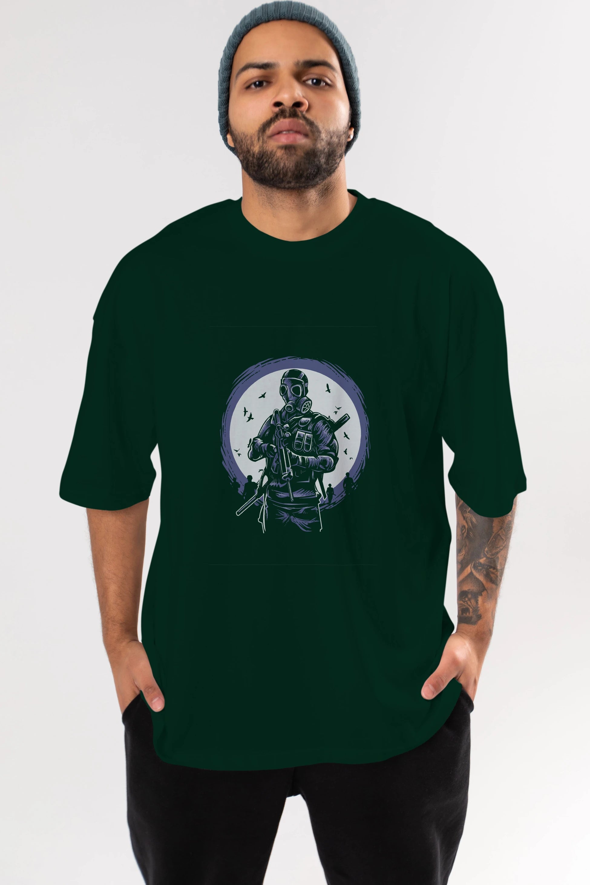 Gas Mask Soldier Ön Baskılı Oversize t-shirt Erkek Kadın Unisex %100 Pamuk tişort