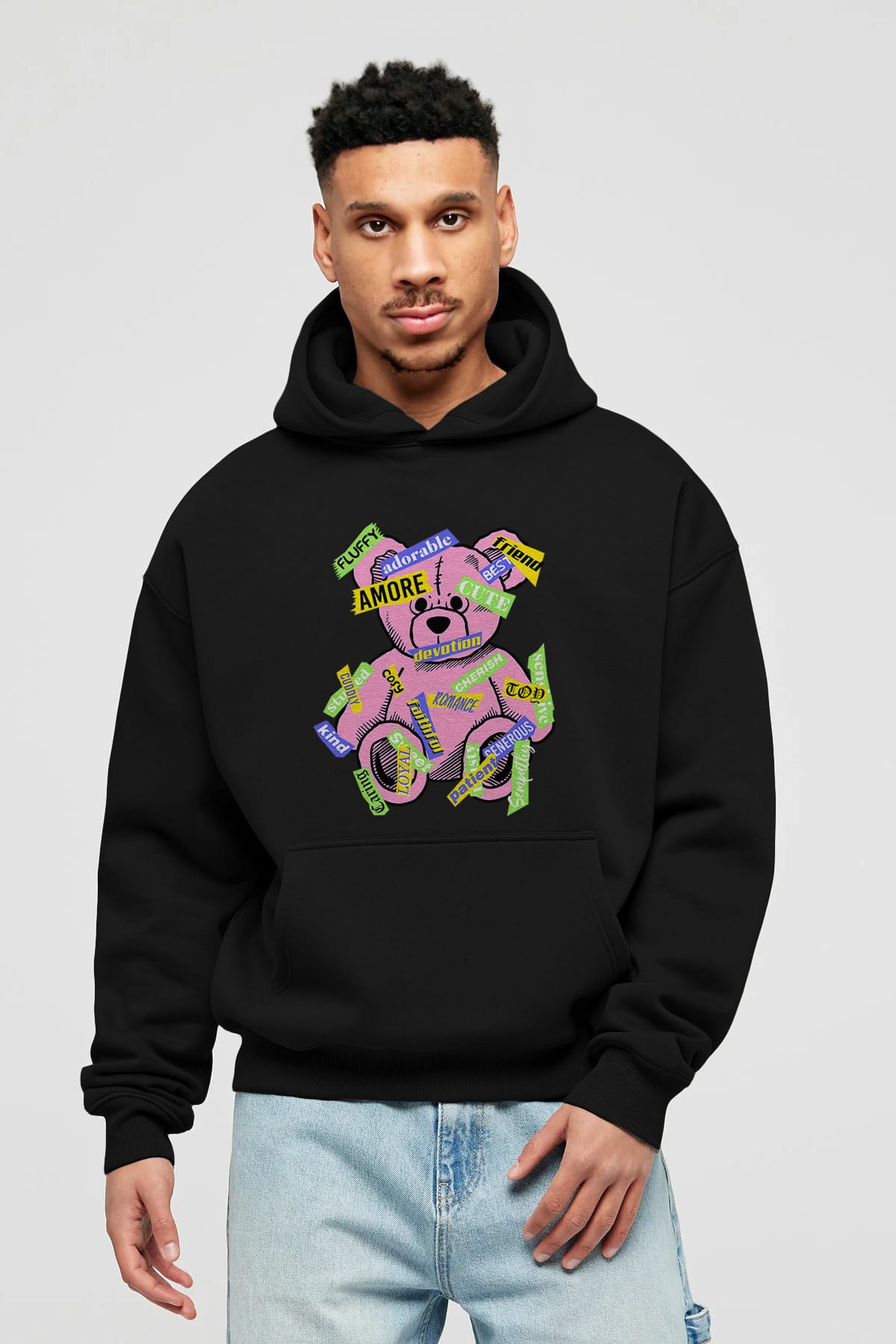 Teddy Bear Cute Ön Baskılı Hoodie Oversize Kapüşonlu Sweatshirt Erkek Kadın Unisex