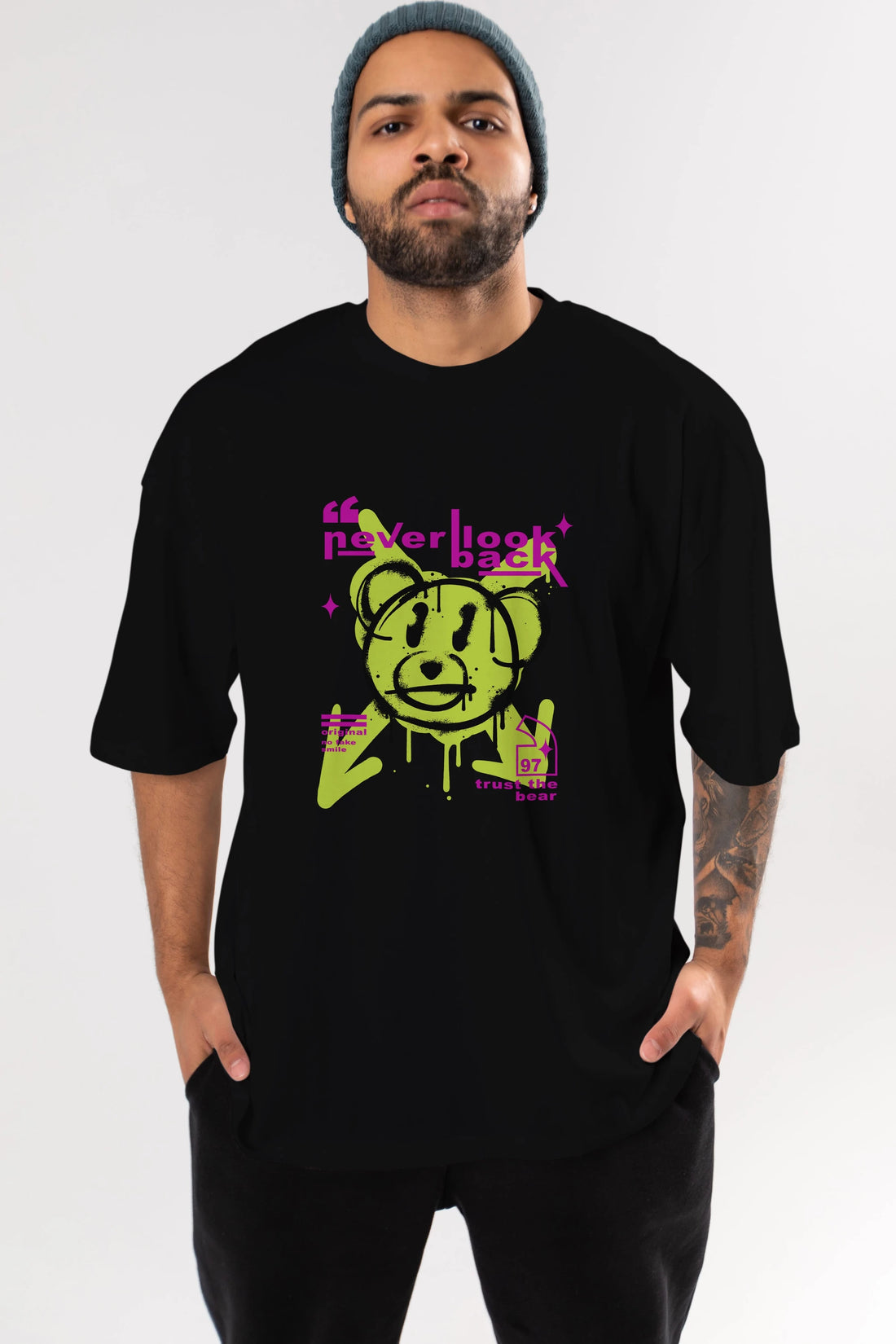 Never Look Back Bear Ön Baskılı Oversize t-shirt Erkek Kadın Unisex