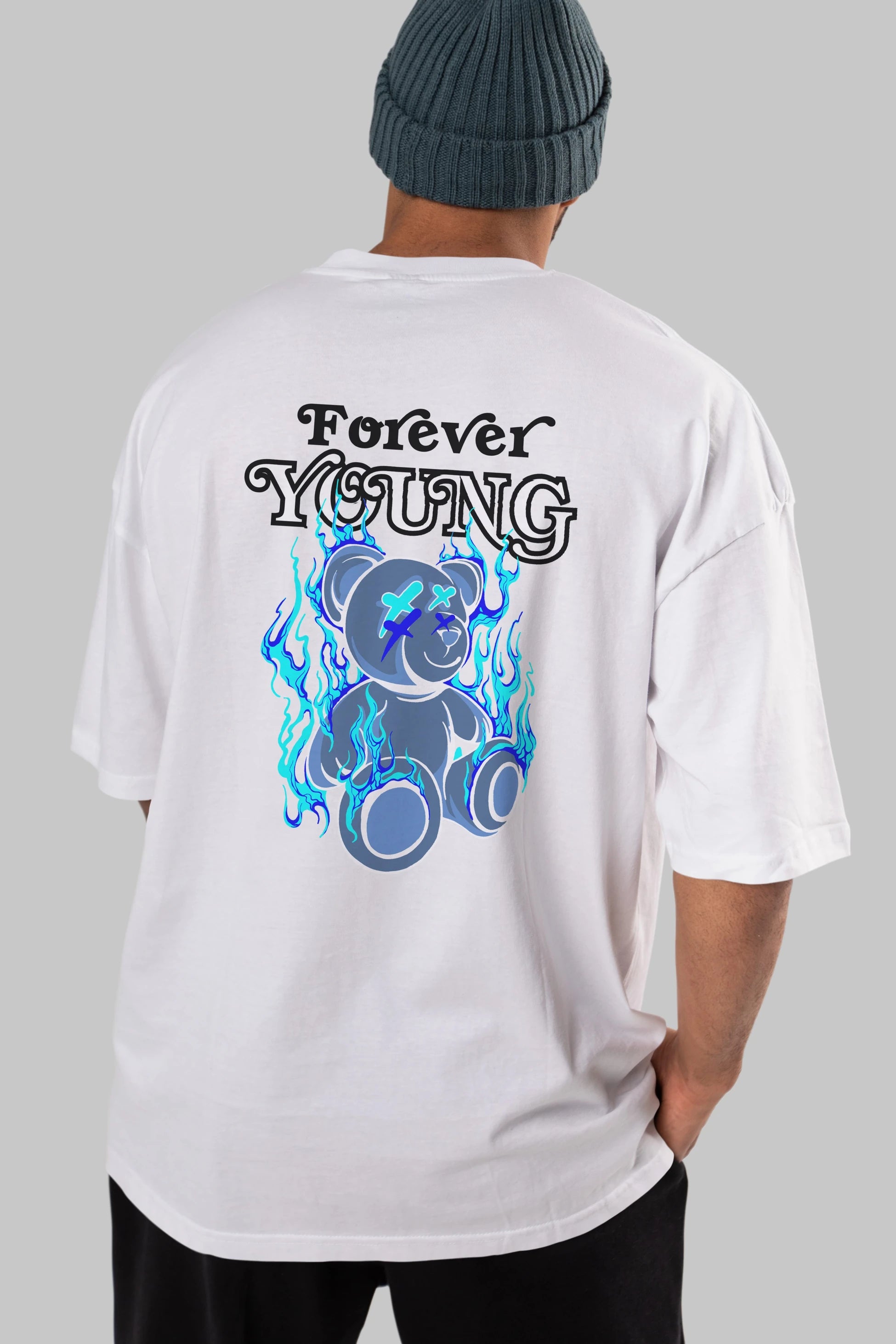 Forever Young Bear Arka Baskılı Oversize t-shirt Erkek Kadın Unisex