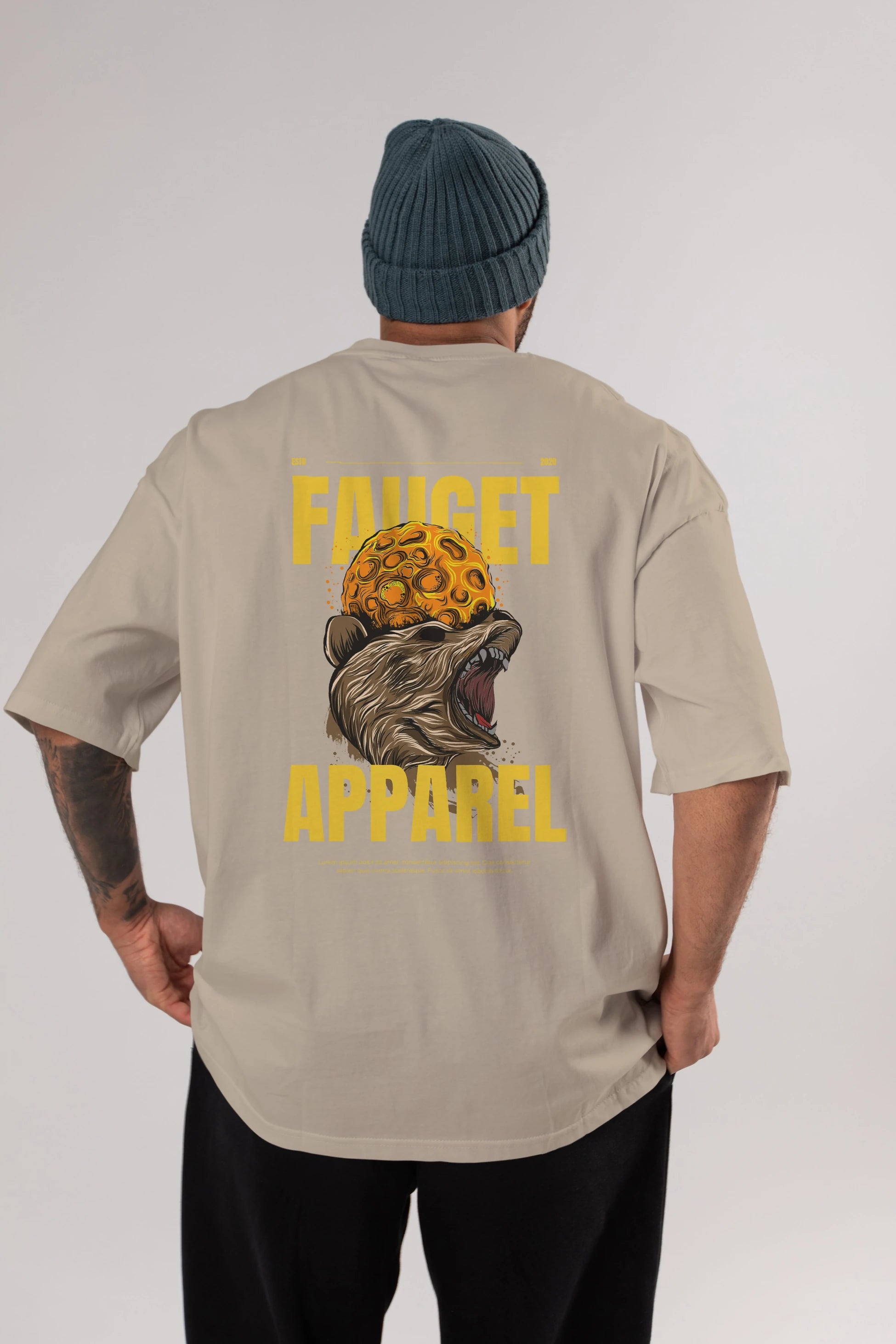 Bear Angry Fauget Apparel Arka Baskılı Oversize t-shirt Erkek Kadın Unisex