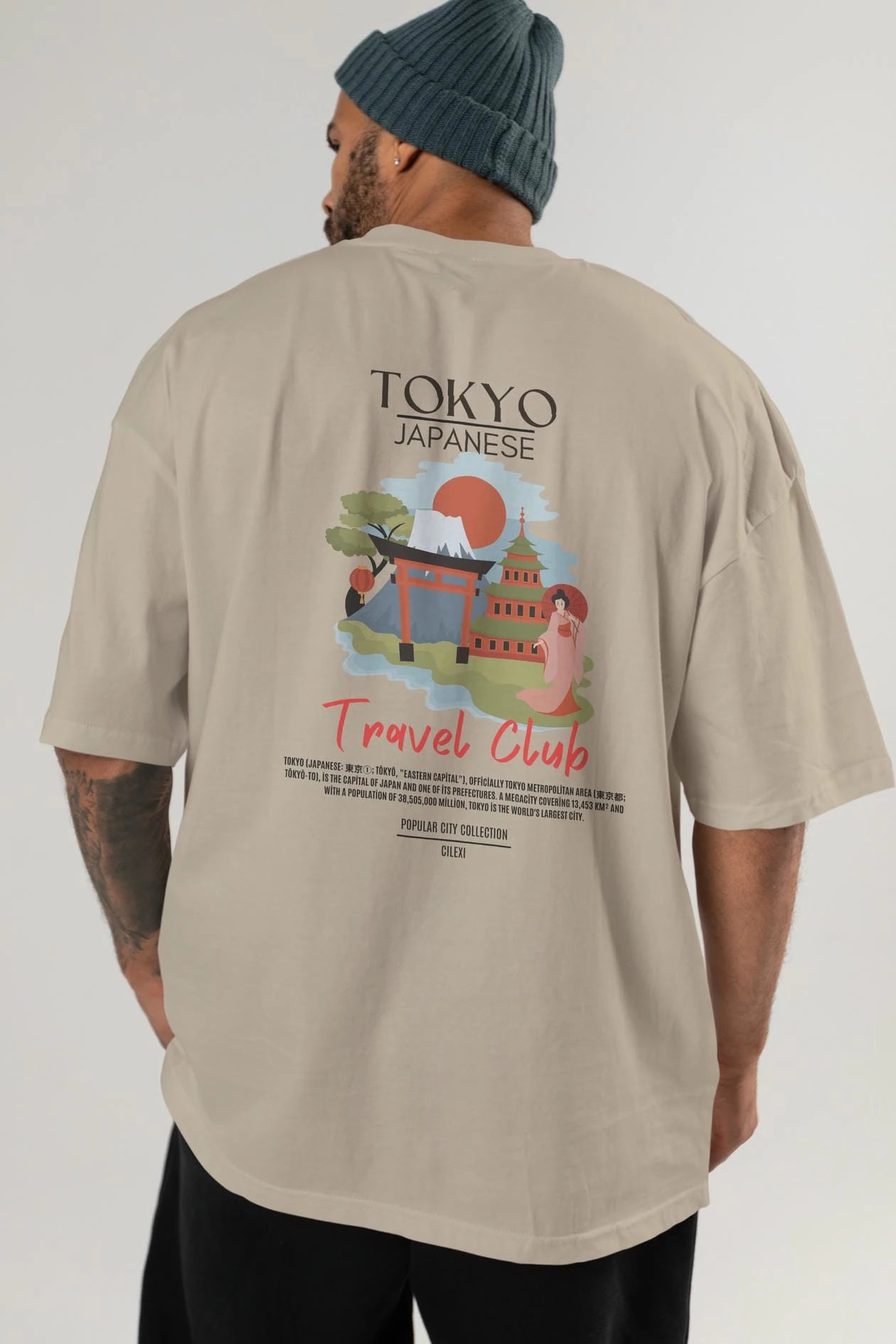 Tokyo Japanese Arka Baskılı Oversize t-shirt Erkek Kadın Pamuk Bisiklet Yaka tişort