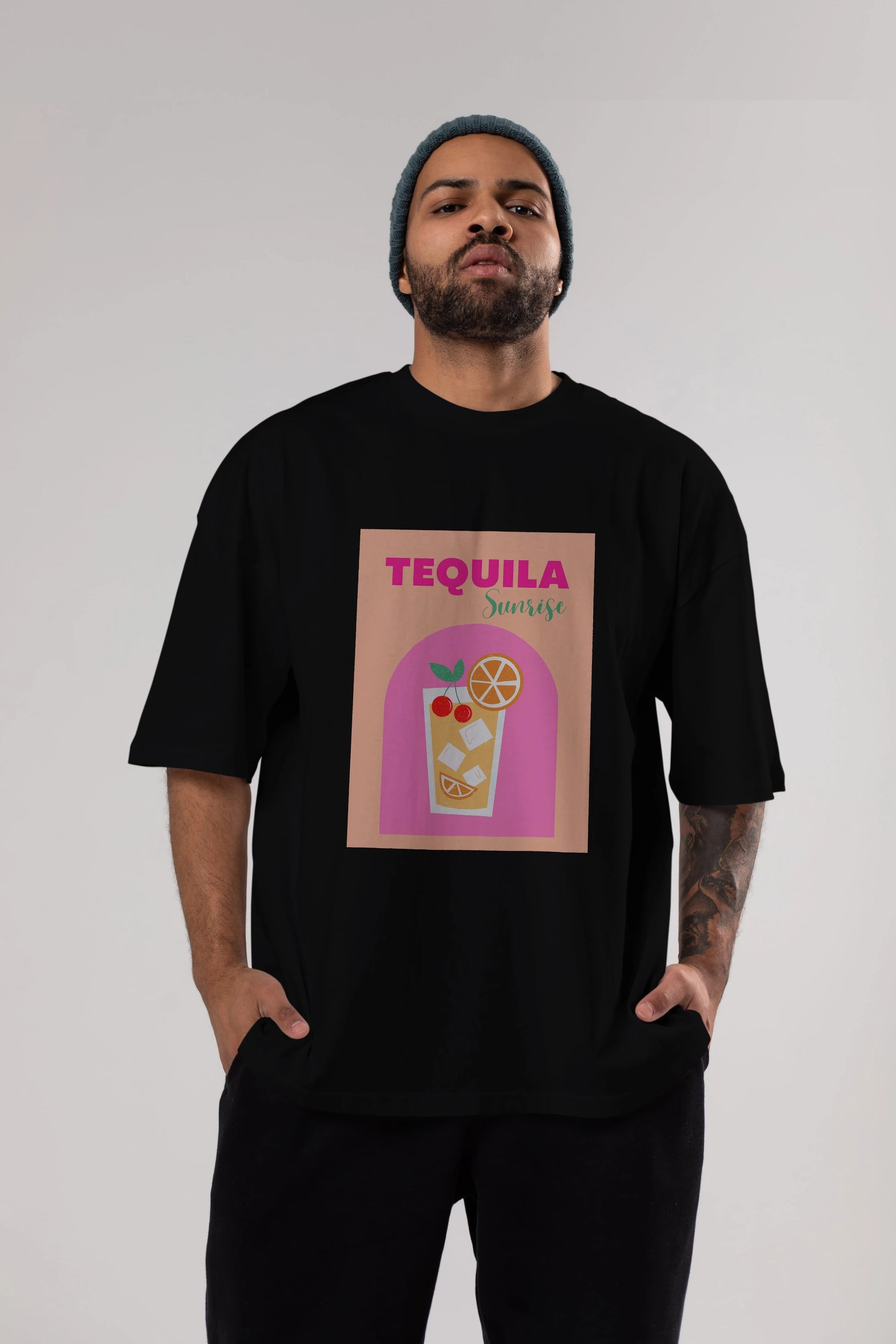 Tequila Sunrise 2 Ön Baskılı Oversize t-shirt Erkek Kadın Unisex %100 Pamuk Bisiklet Yaka tişort