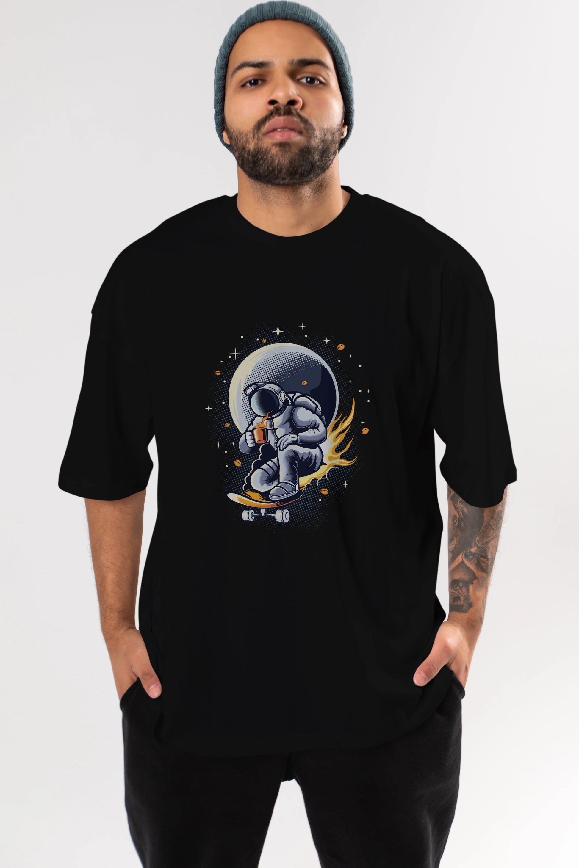 Astro Coffee Addict Ön Baskılı Oversize t-shirt Erkek Kadın Unisex