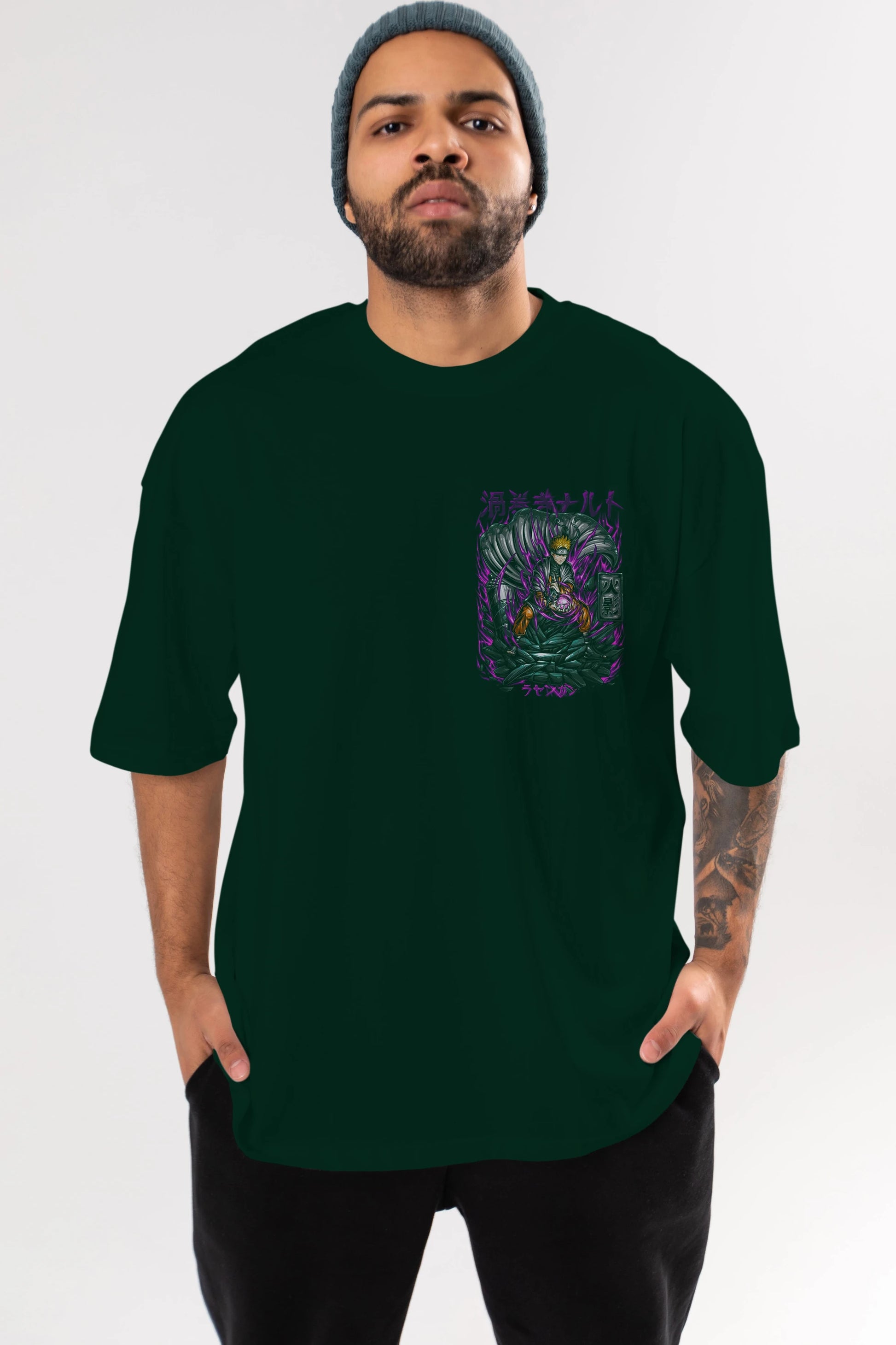 NARUTO Ön Sol Baskılı Oversize t-shirt Erkek Kadın Unisex %100 Pamuk Bisiklet Yaka tişort