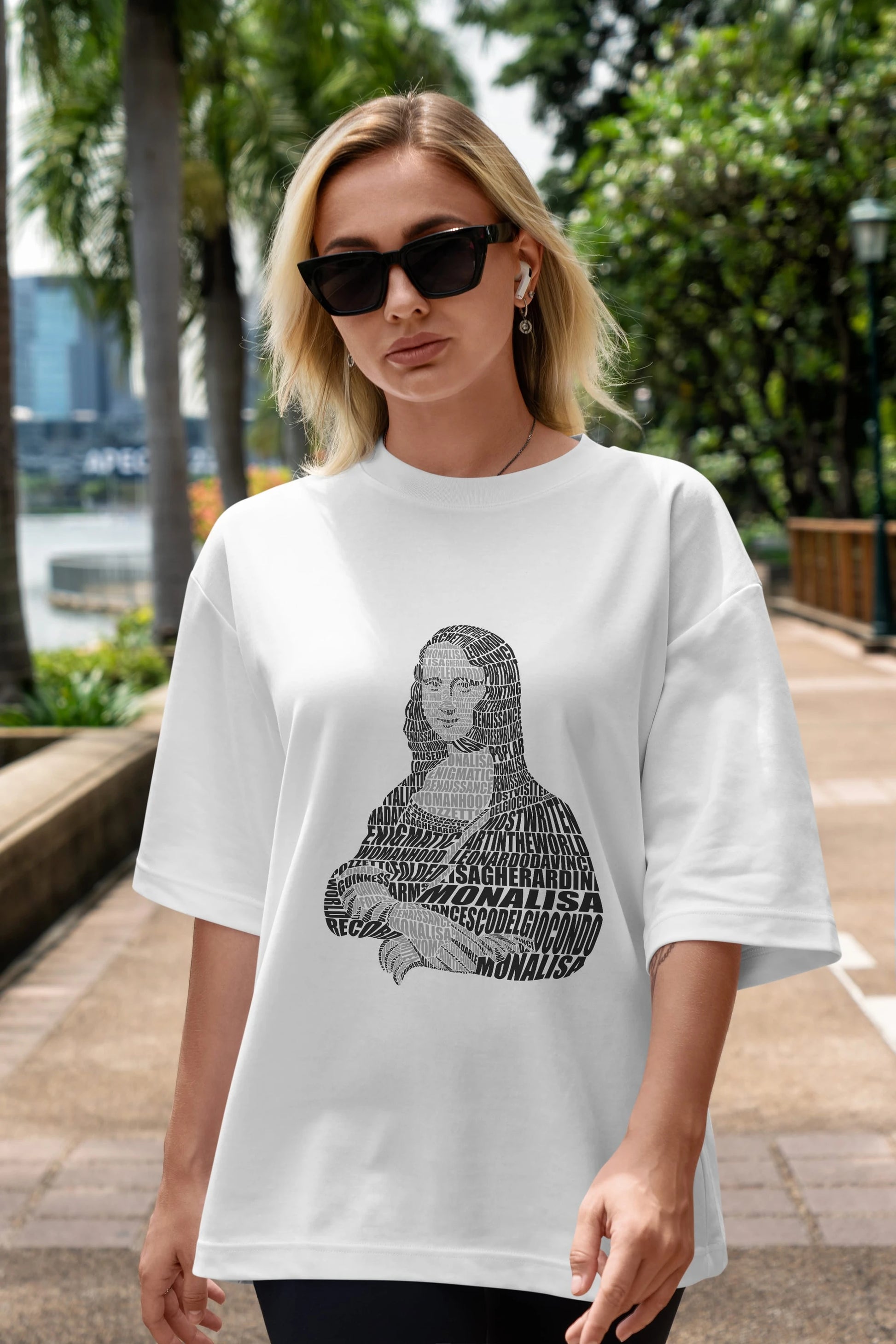 Mona Lisa Calligram Ön Baskılı Oversize t-shirt %100 pamuk Erkek Kadın Unisex