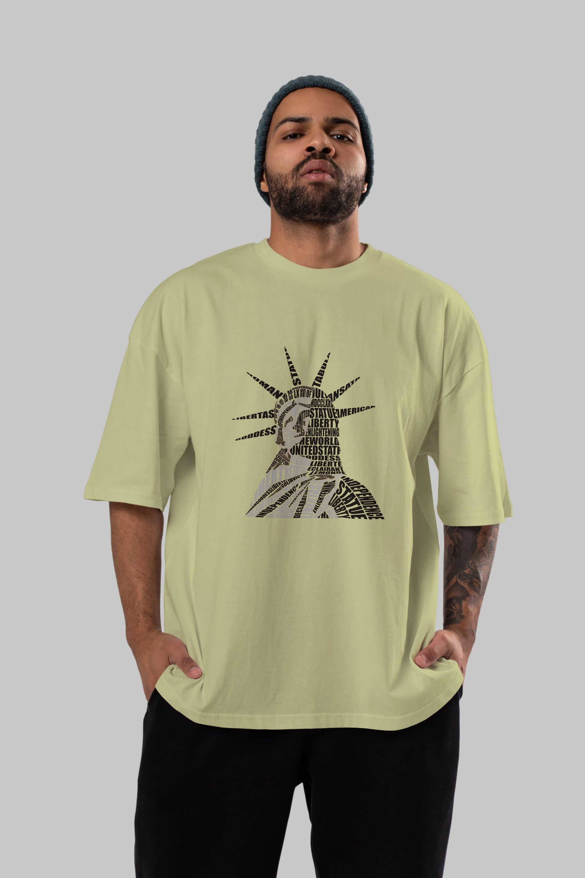 Liberty Statue Calligram Ön Baskılı Oversize t-shirt %100 pamuk Erkek Kadın Unisex