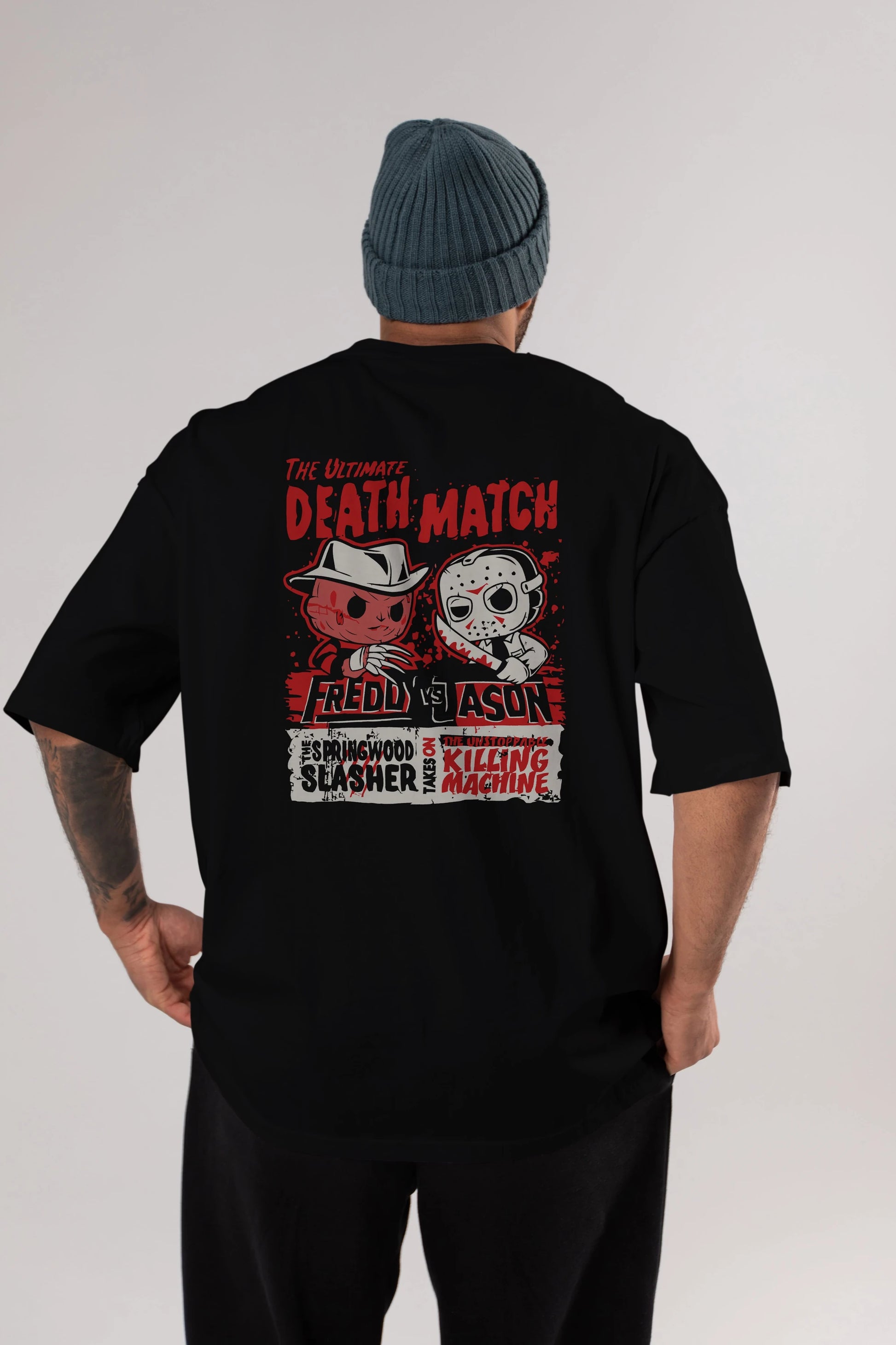 Freddy vs Jason Arka Baskılı Oversize t-shirt Erkek Kadın Unisex %100 Pamuk Bisiklet Yaka tişort