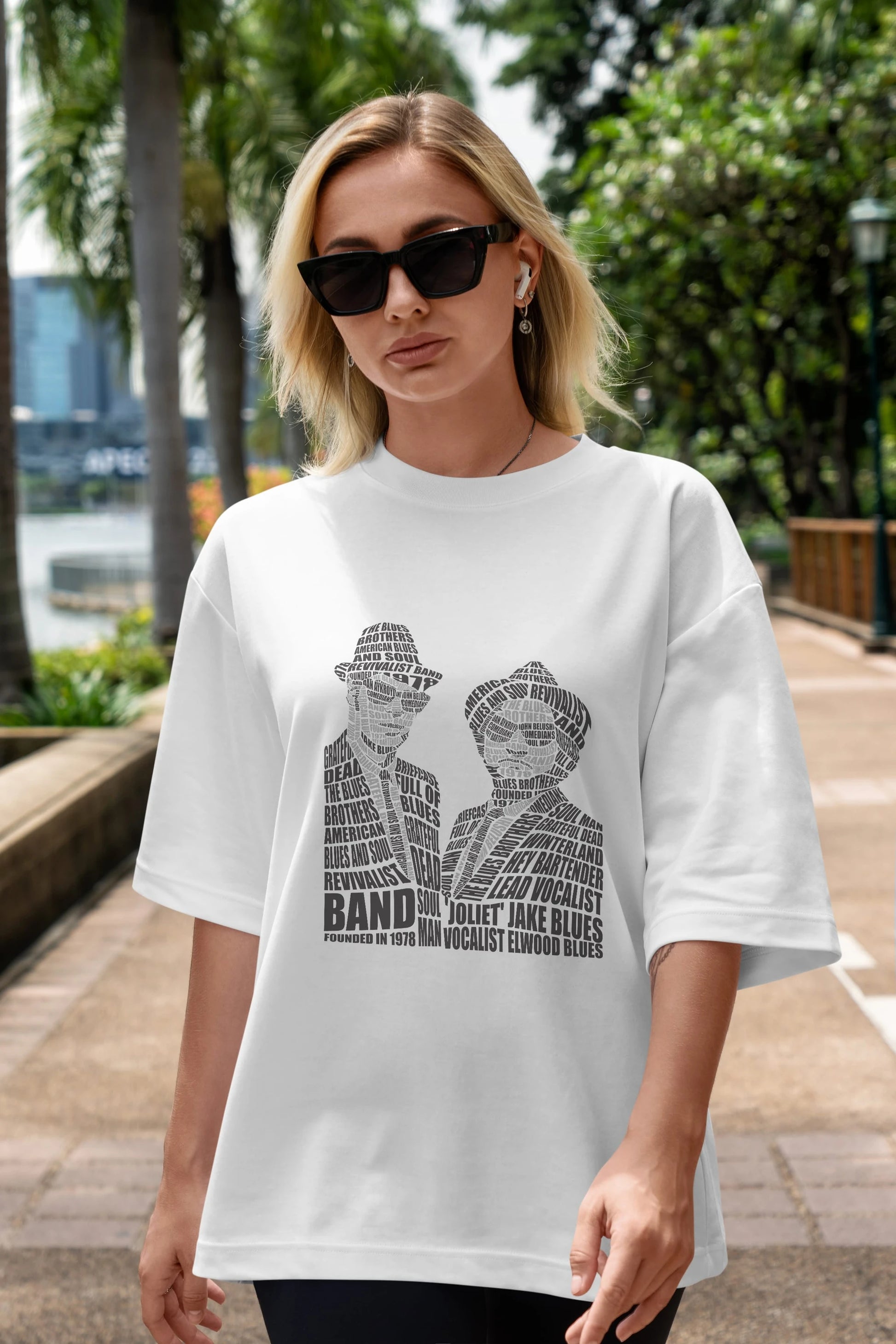 Blues Brothers Calligram Ön Baskılı Oversize t-shirt %100 pamuk Erkek Kadın Unisex