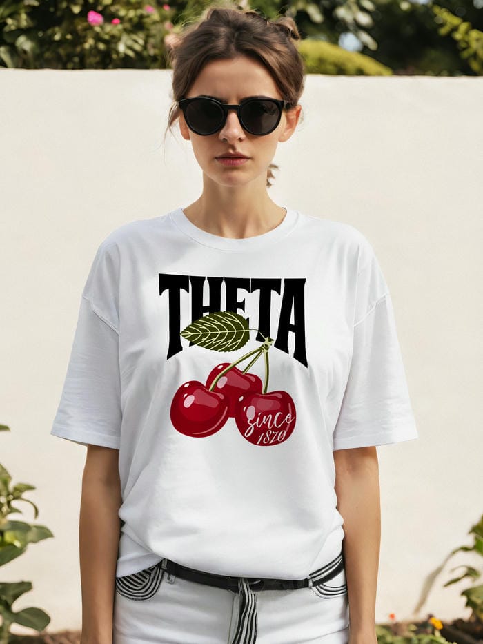 Theta Cherry Cherries Ön Baskılı Oversize t-shirt Erkek Kadın Pamuk Bisiklet Yaka tişort