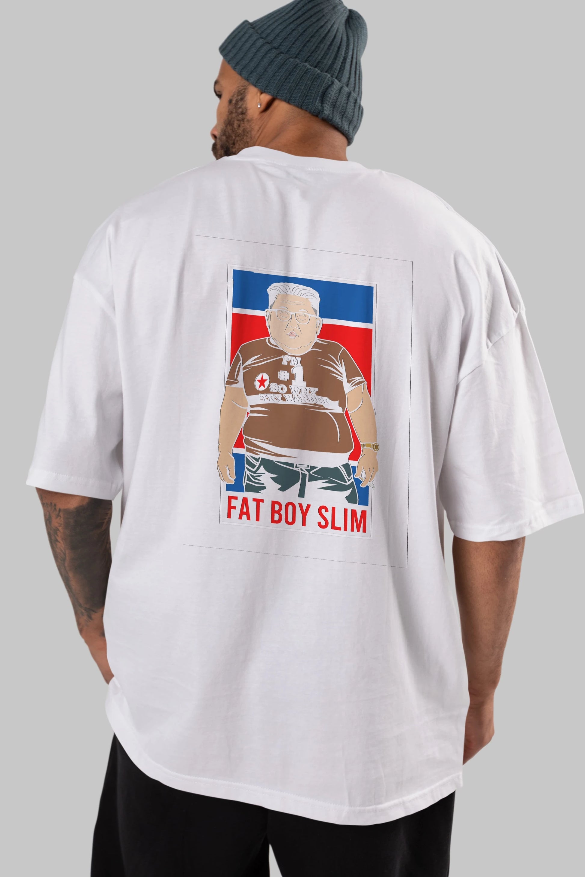 Fat Boy Slim Kim Jong Un Arka Baskılı Oversize t-shirt Erkek Kadın Unisex %100 Pamuk tişort