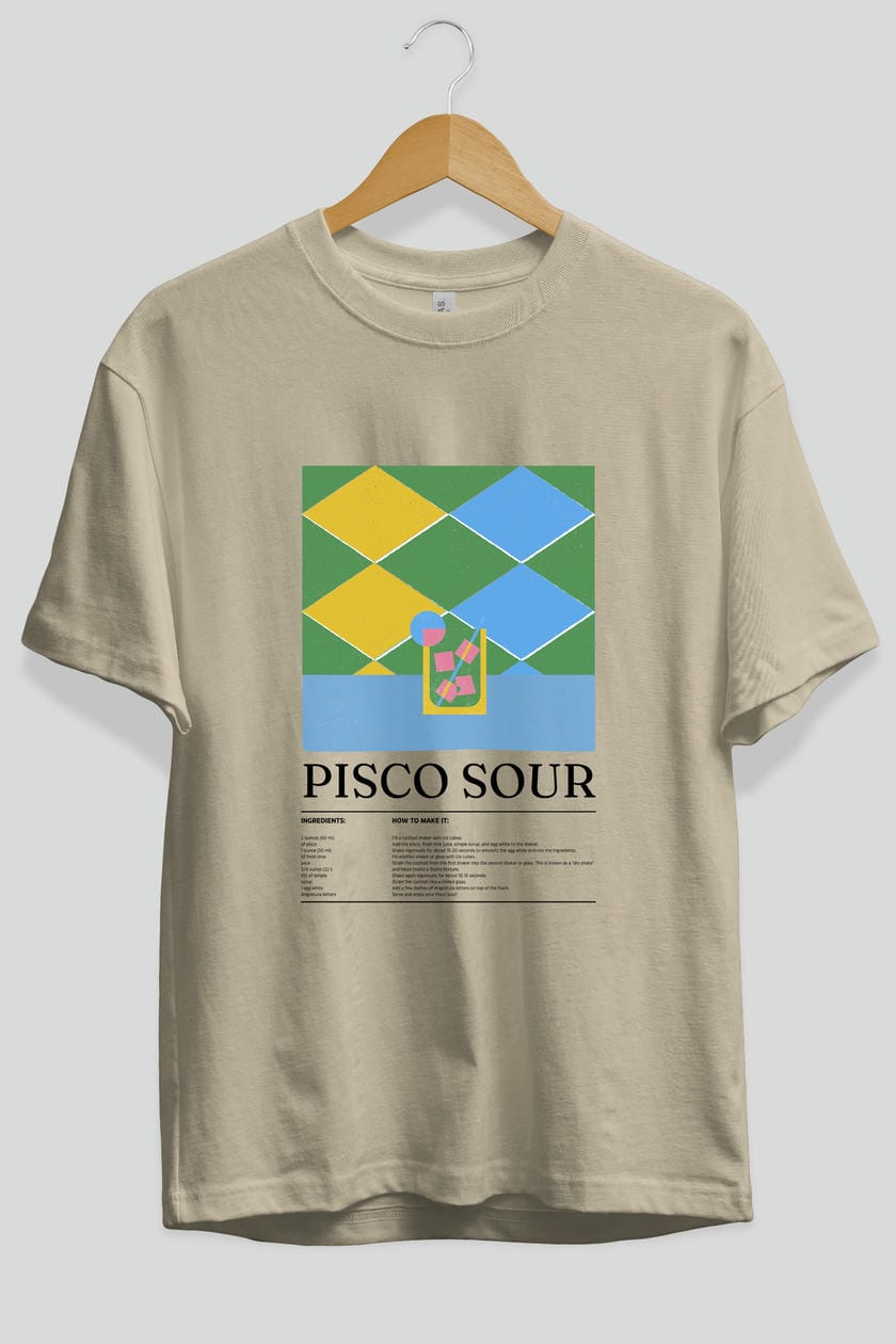 Pisco Sour Kokteyl Ön Baskılı Oversize t-shirt Erkek Kadın %100 Pamuk Bisiklet Yaka tişort