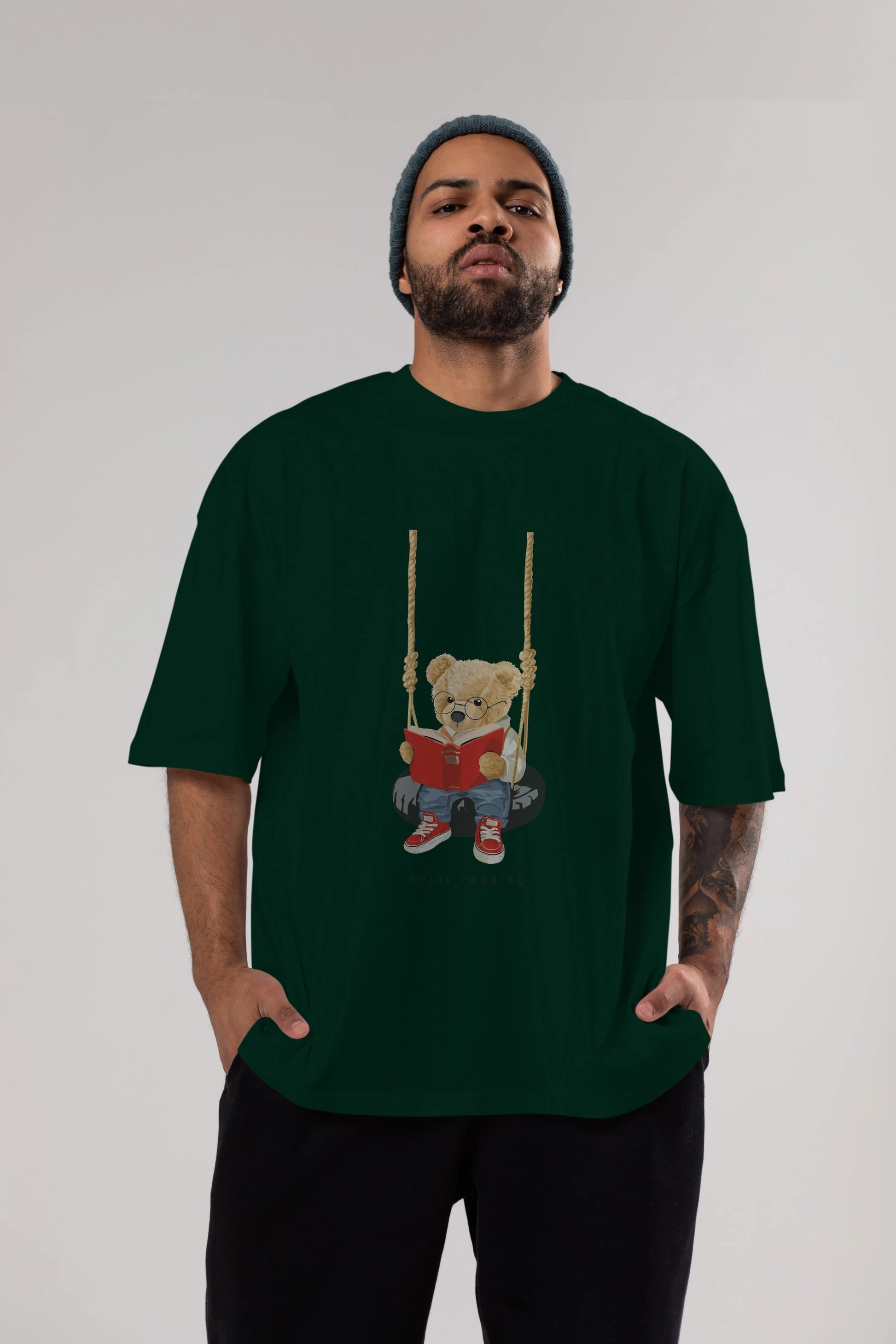 Teddy Bear Enjoy Reading Ön Baskılı Oversize t-shirt Erkek Kadın Unisex %100 Pamuk