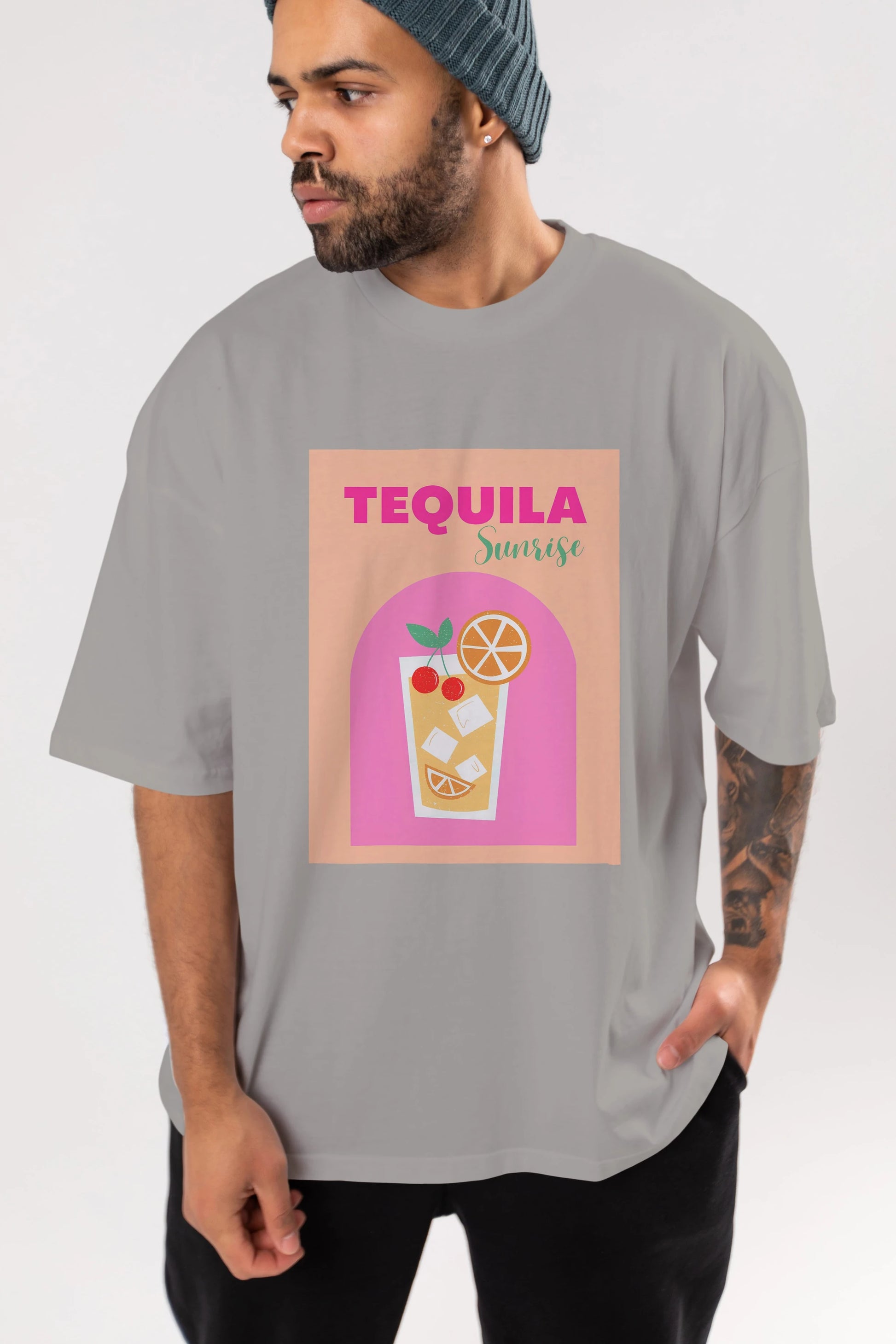 Tequila Sunrise 2 Ön Baskılı Oversize t-shirt Erkek Kadın Unisex %100 Pamuk Bisiklet Yaka tişort