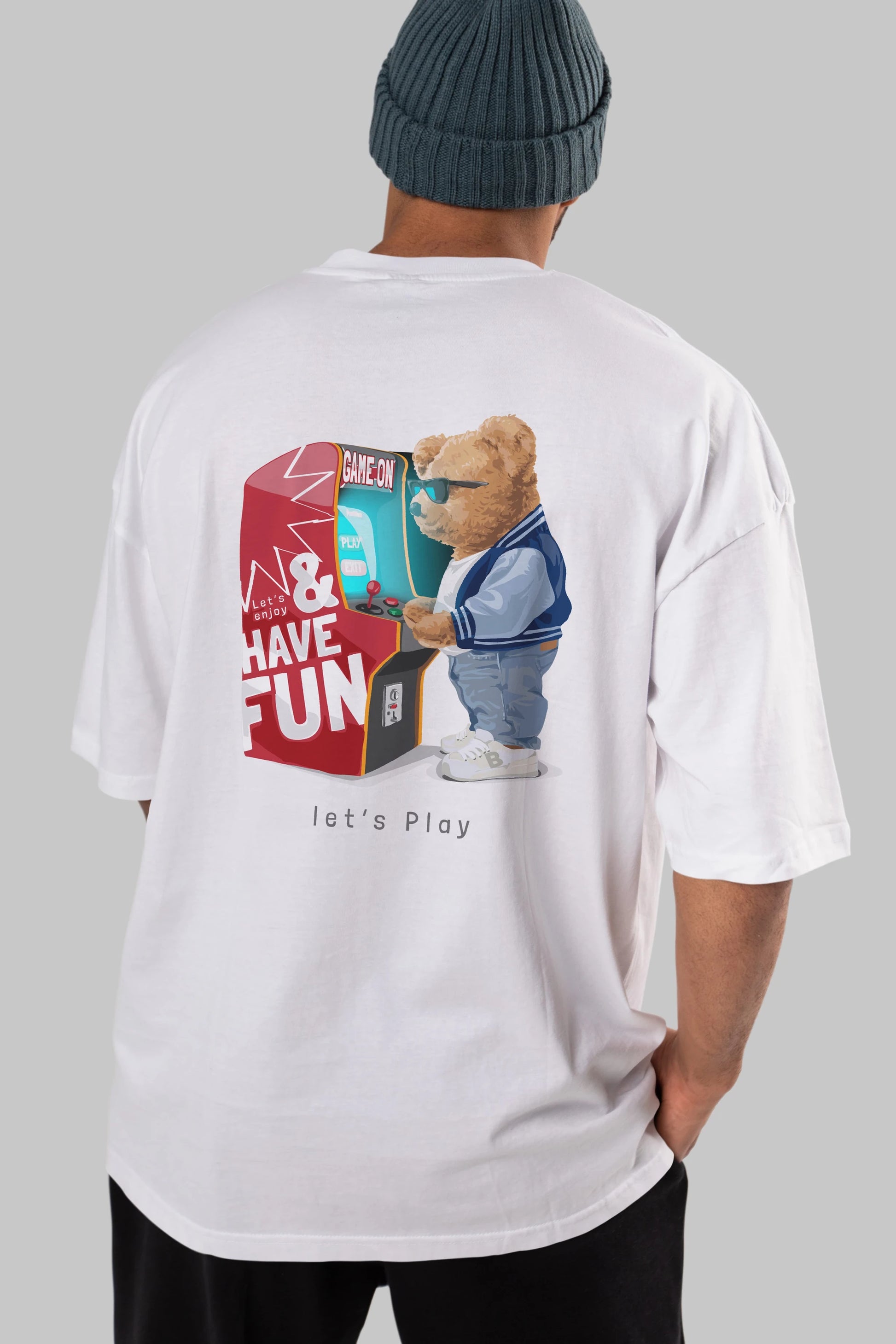 Teddy Bear Lets Play Arka Baskılı Oversize t-shirt Erkek Kadın Unisex %100 Pamuk