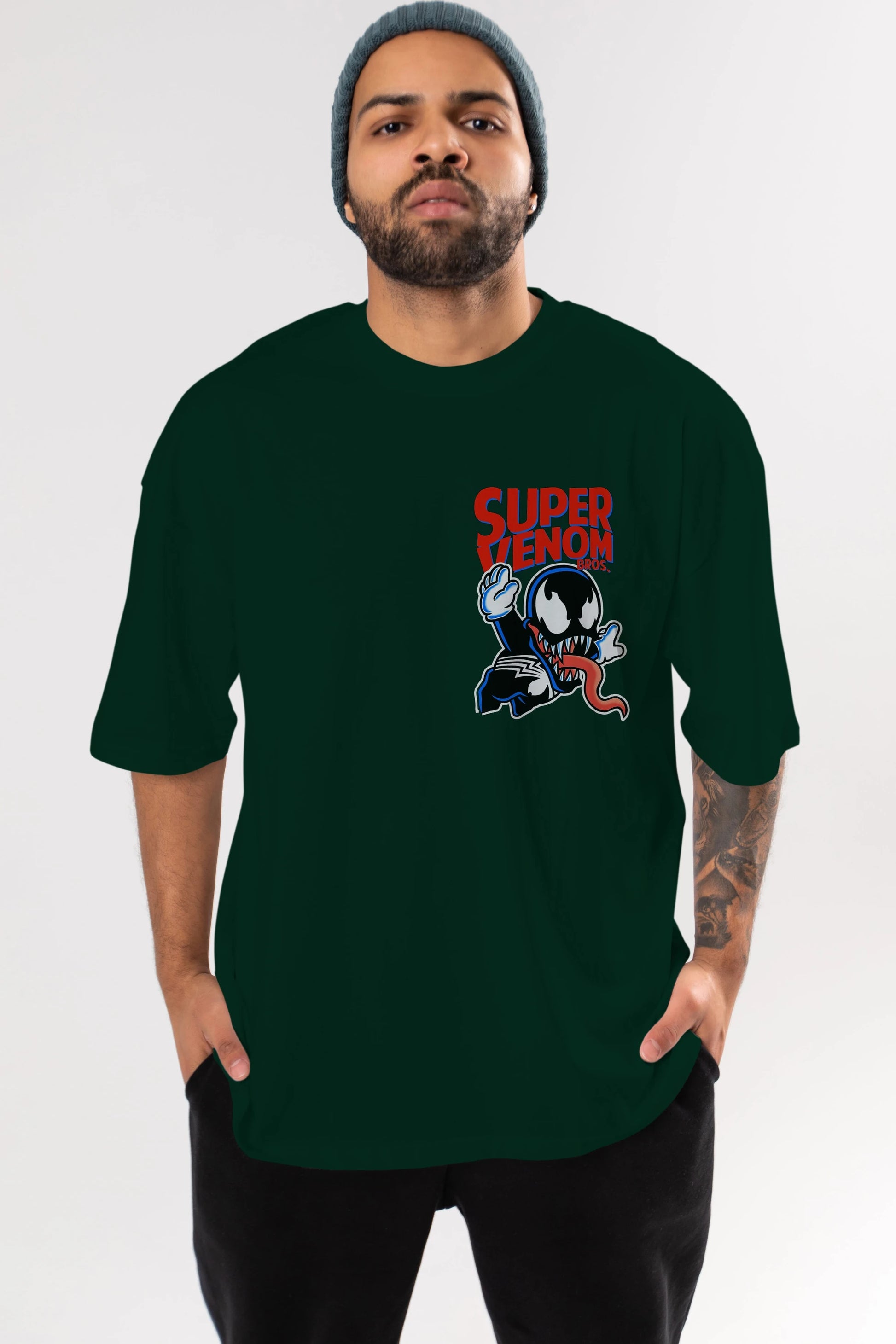 Super Venom Ön Sol Baskılı Oversize t-shirt Erkek Kadın Unisex %100 Pamuk Bisiklet Yaka tişort