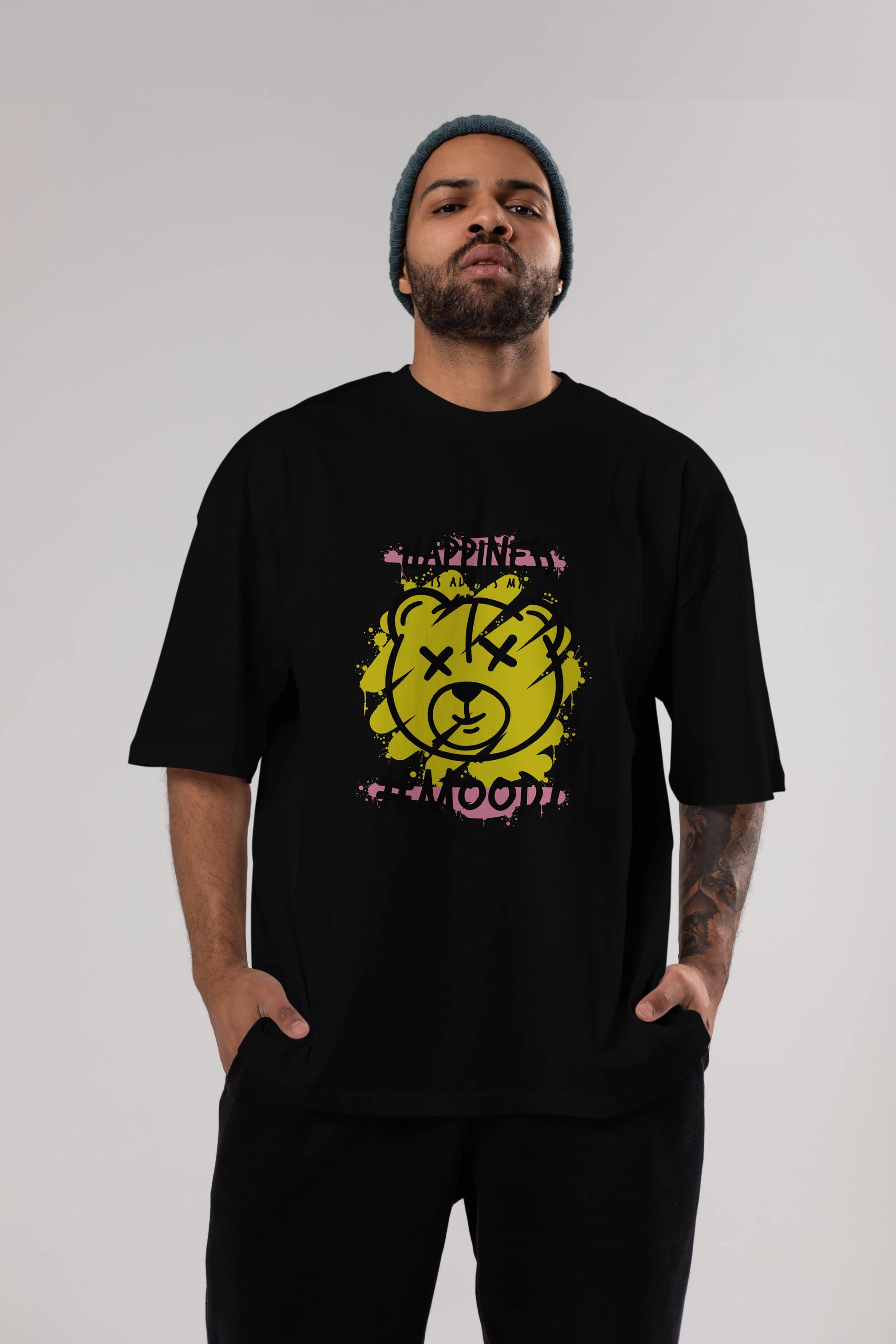 Happiness Mood Bear Ön Baskılı Oversize t-shirt Erkek Kadın Unisex