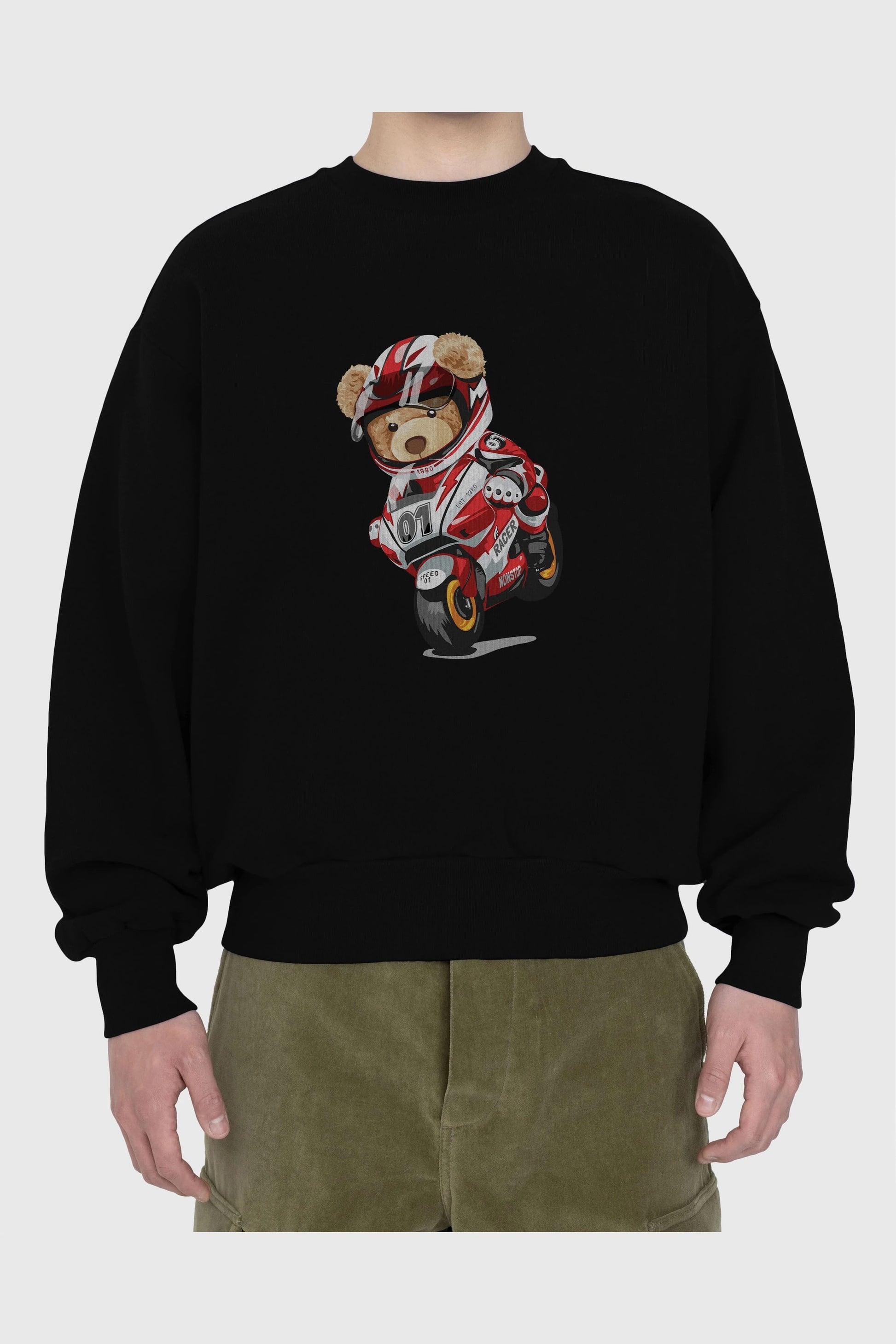 Teddy Bear Racer Ön Baskılı Oversize Sweatshirt Erkek Kadın Unisex