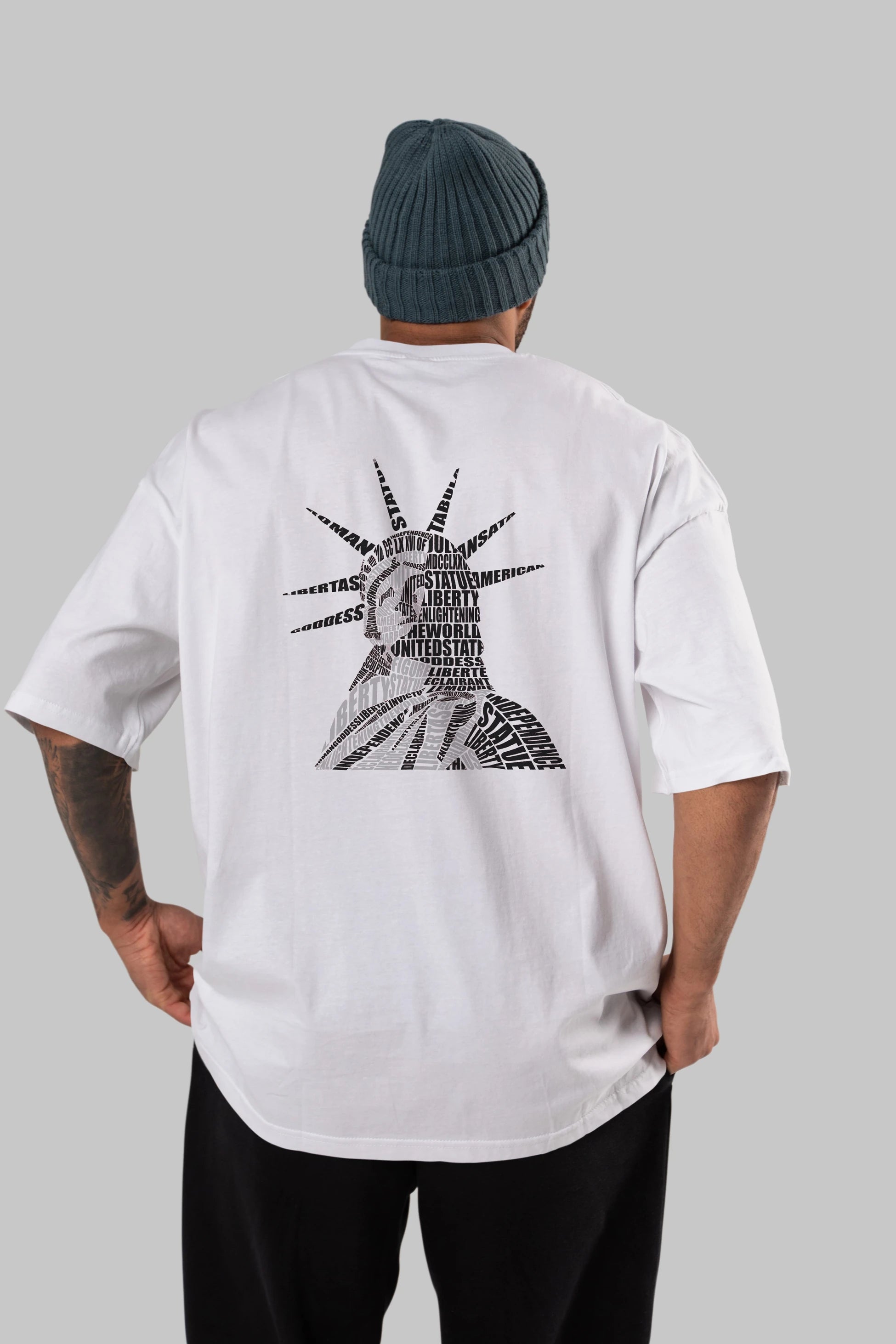 Liberty Statue Calligram Arka Baskılı Oversize t-shirt %100 pamuk Erkek Kadın Unisex