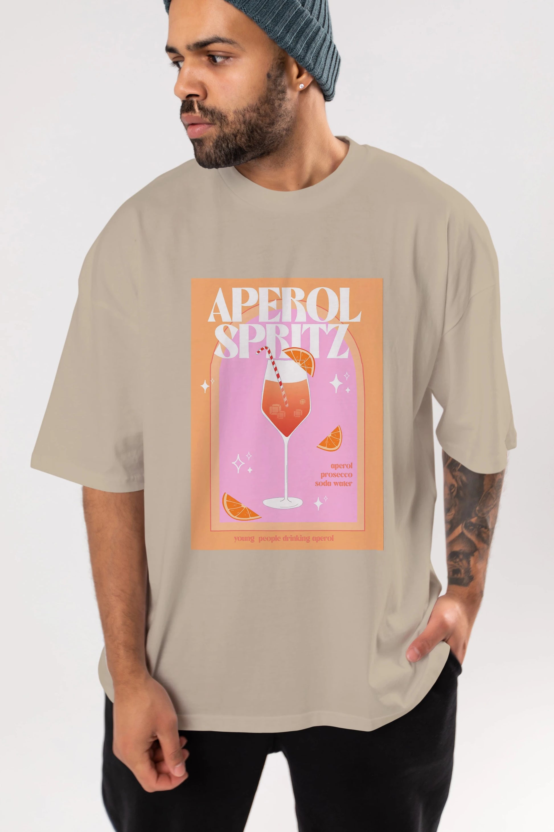 Aperol Spritz 2 Ön Baskılı Oversize t-shirt Erkek Kadın Unisex %100 Pamuk Bisiklet Yaka tişort