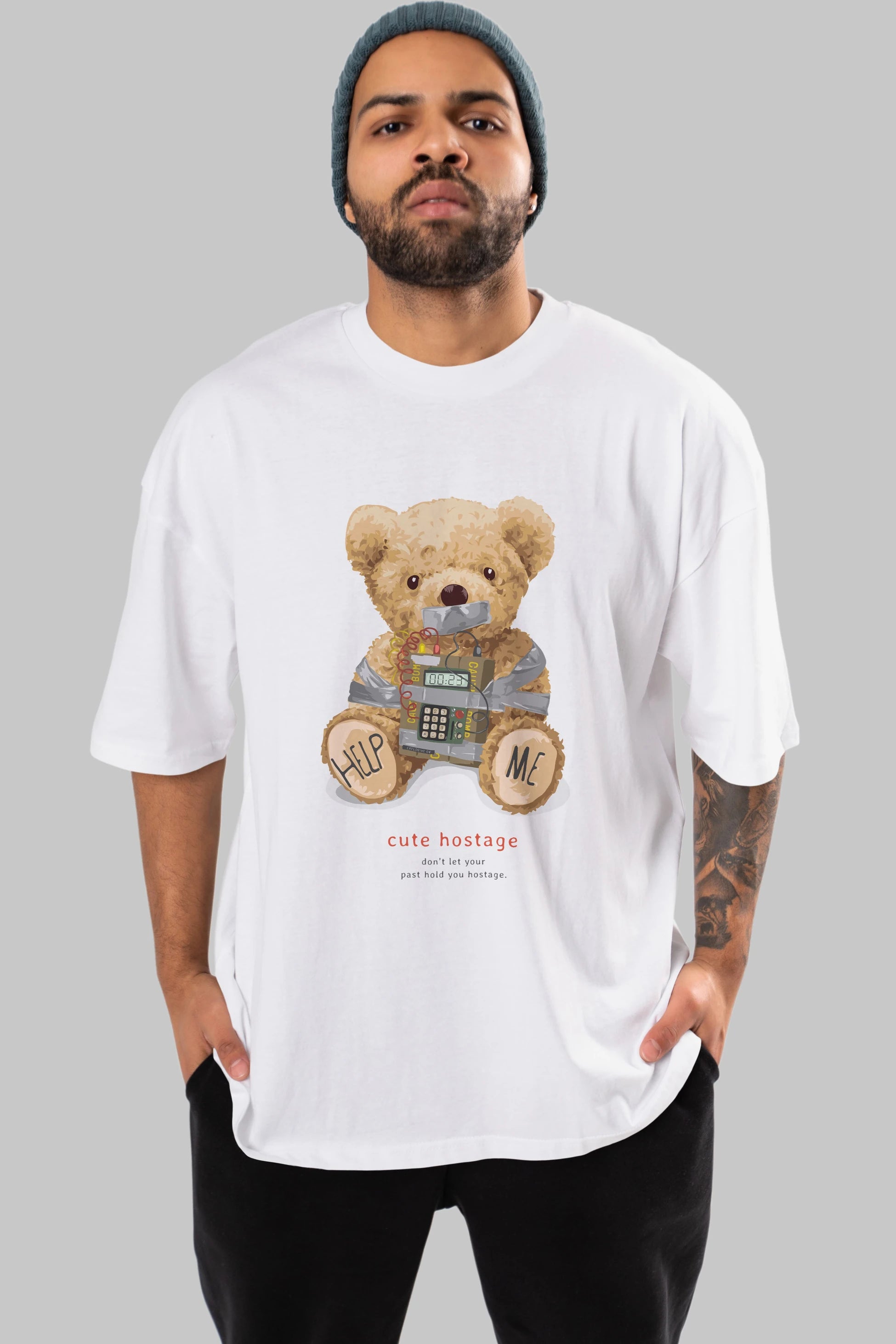 Teddy Bear Help Me Ön Baskılı Oversize t-shirt Erkek Kadın Unisex %100 Pamuk