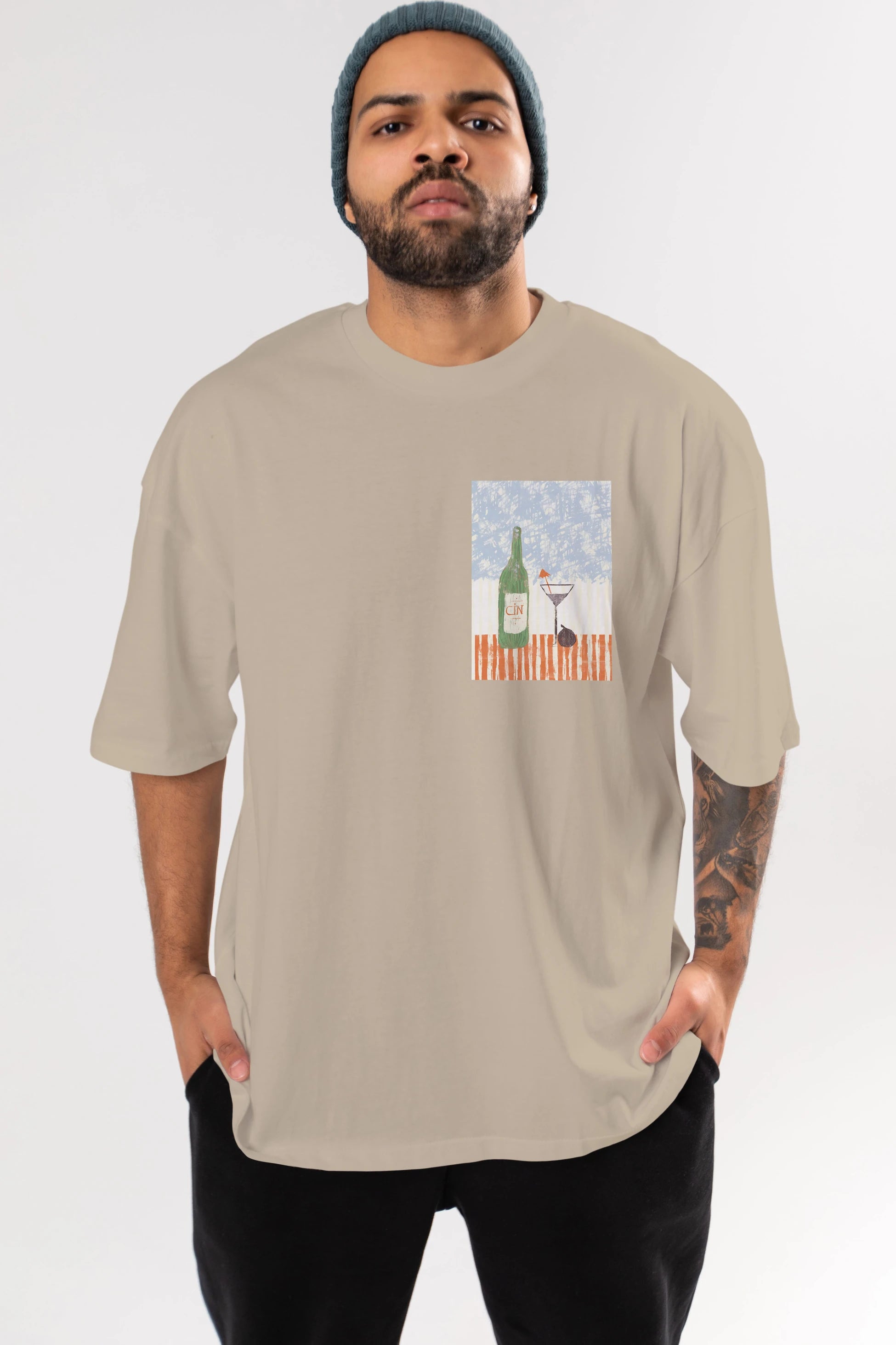 Gin Ön Sol Baskılı Oversize t-shirt Erkek Kadın Unisex %100 Pamuk Bisiklet Yaka tişort