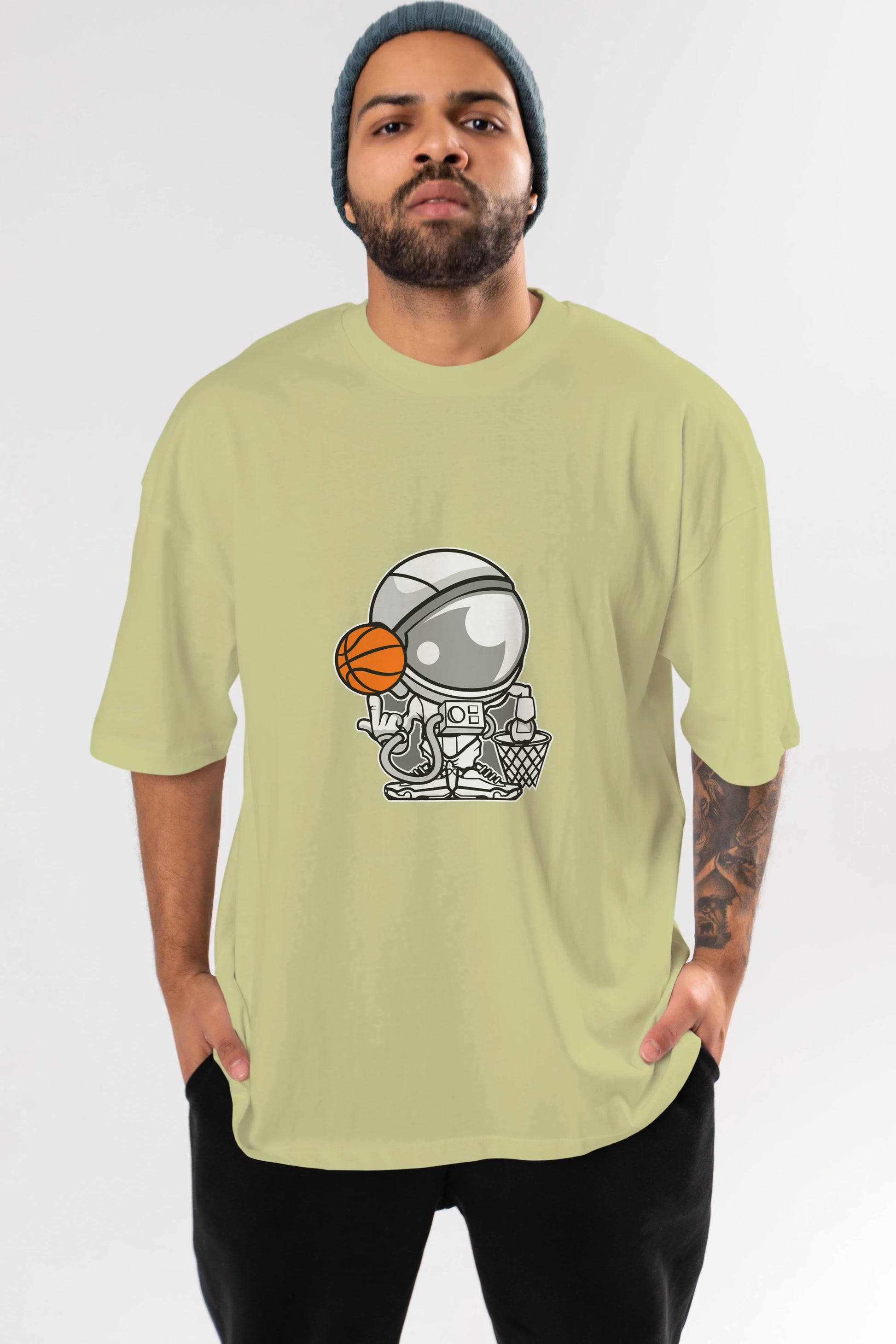 Astronaut Basketball Ön Baskılı Oversize t-shirt Erkek Kadın Unisex %100 Pamuk tişort