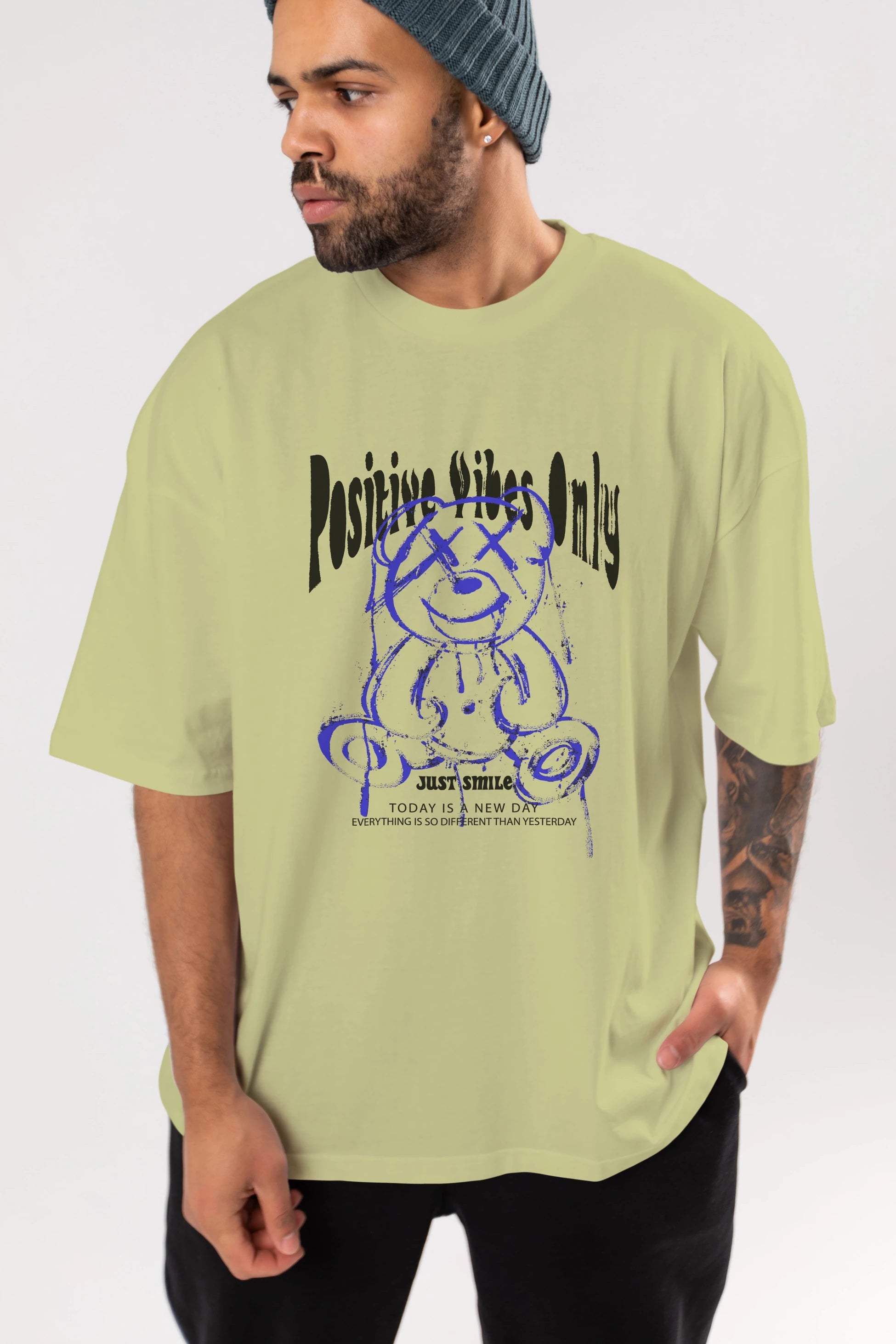 Positive Vibes Only Bear Ön Baskılı Oversize t-shirt Erkek Kadın Unisex
